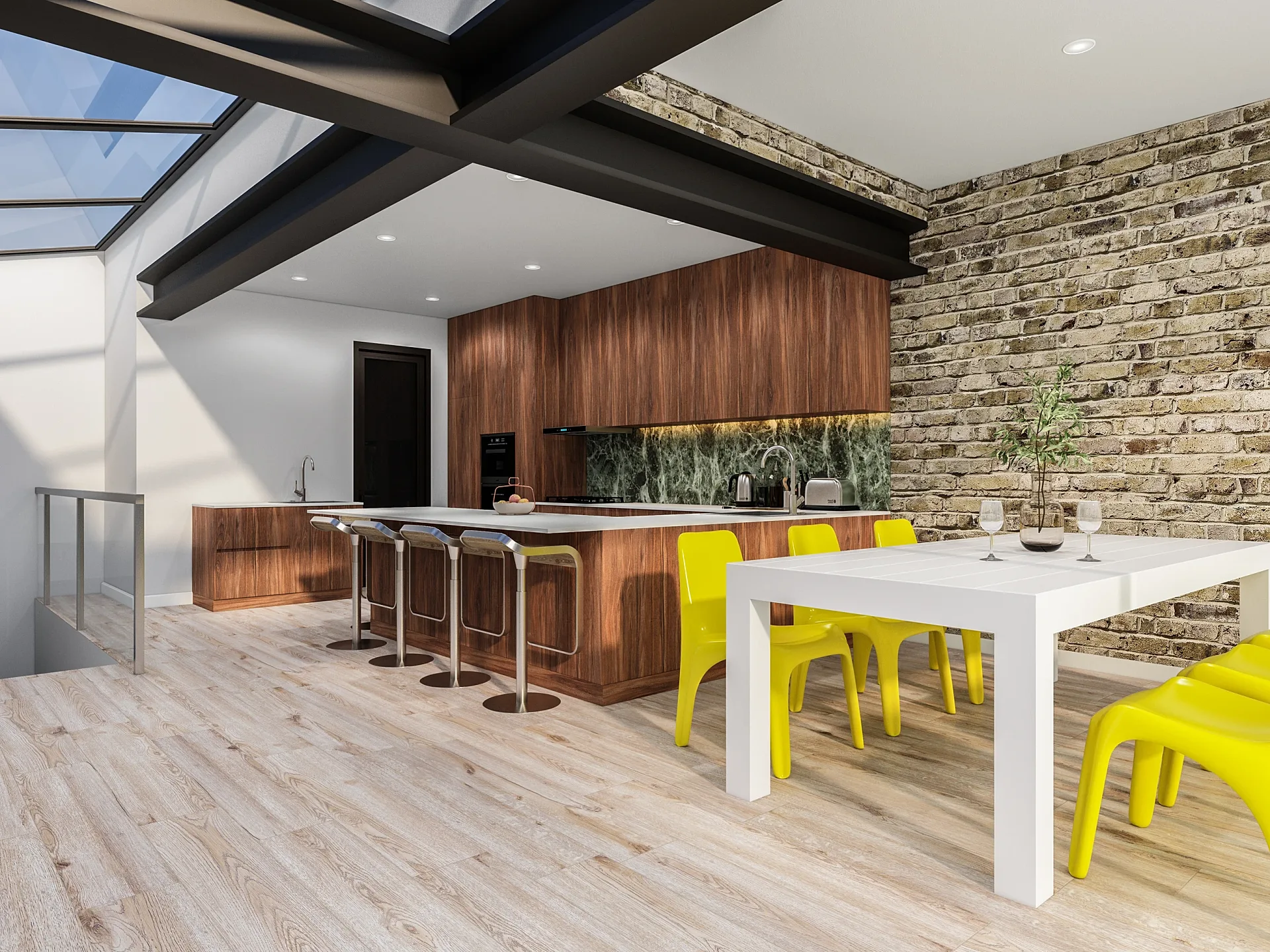 Interior 3D render of kitchen layout option two, view A