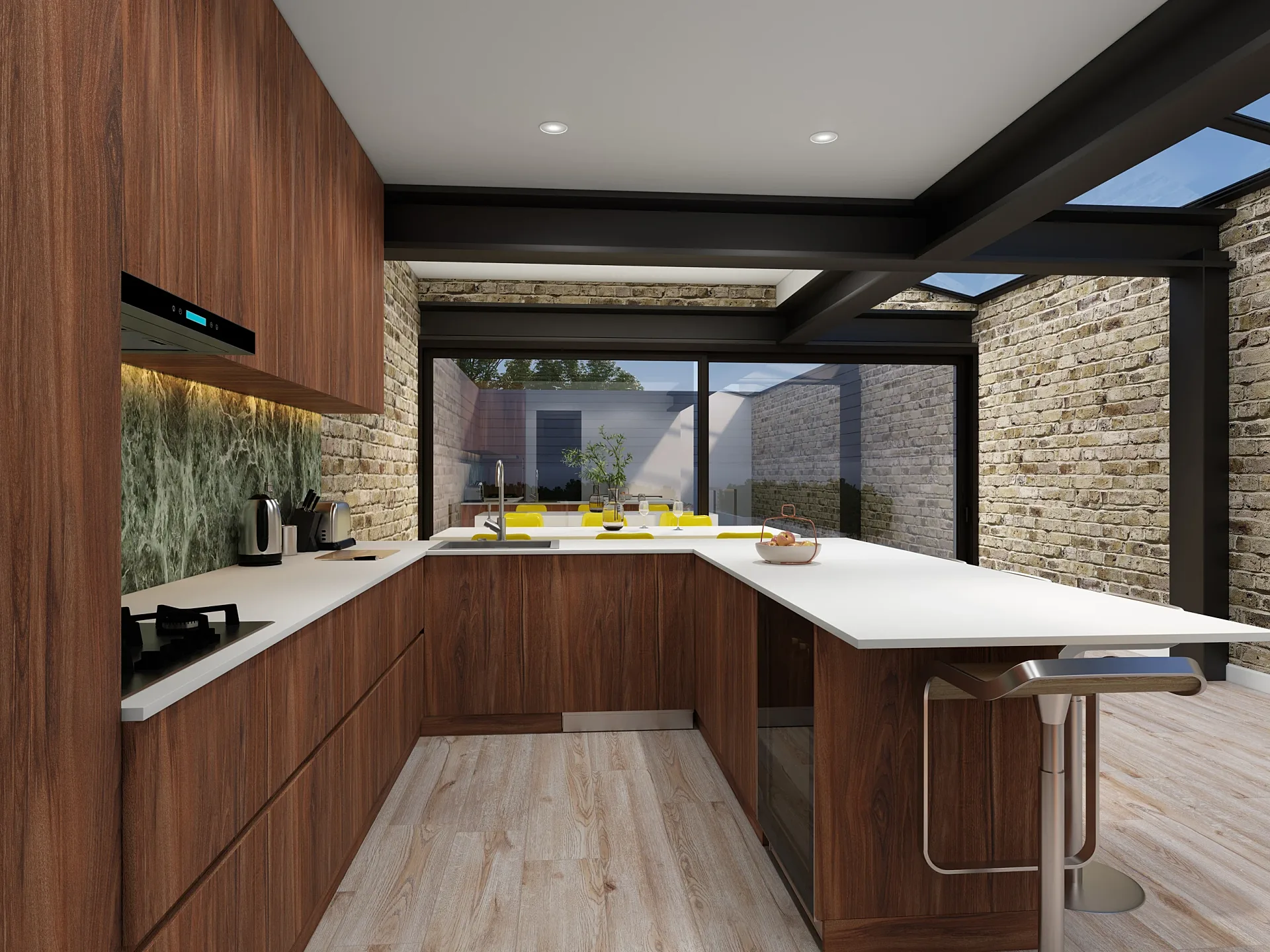 Interior 3D render of kitchen layout option two, view B