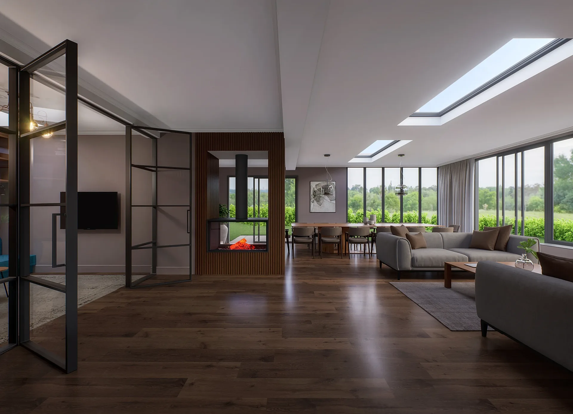 Interior 3D render of a living and dining area with room divider
