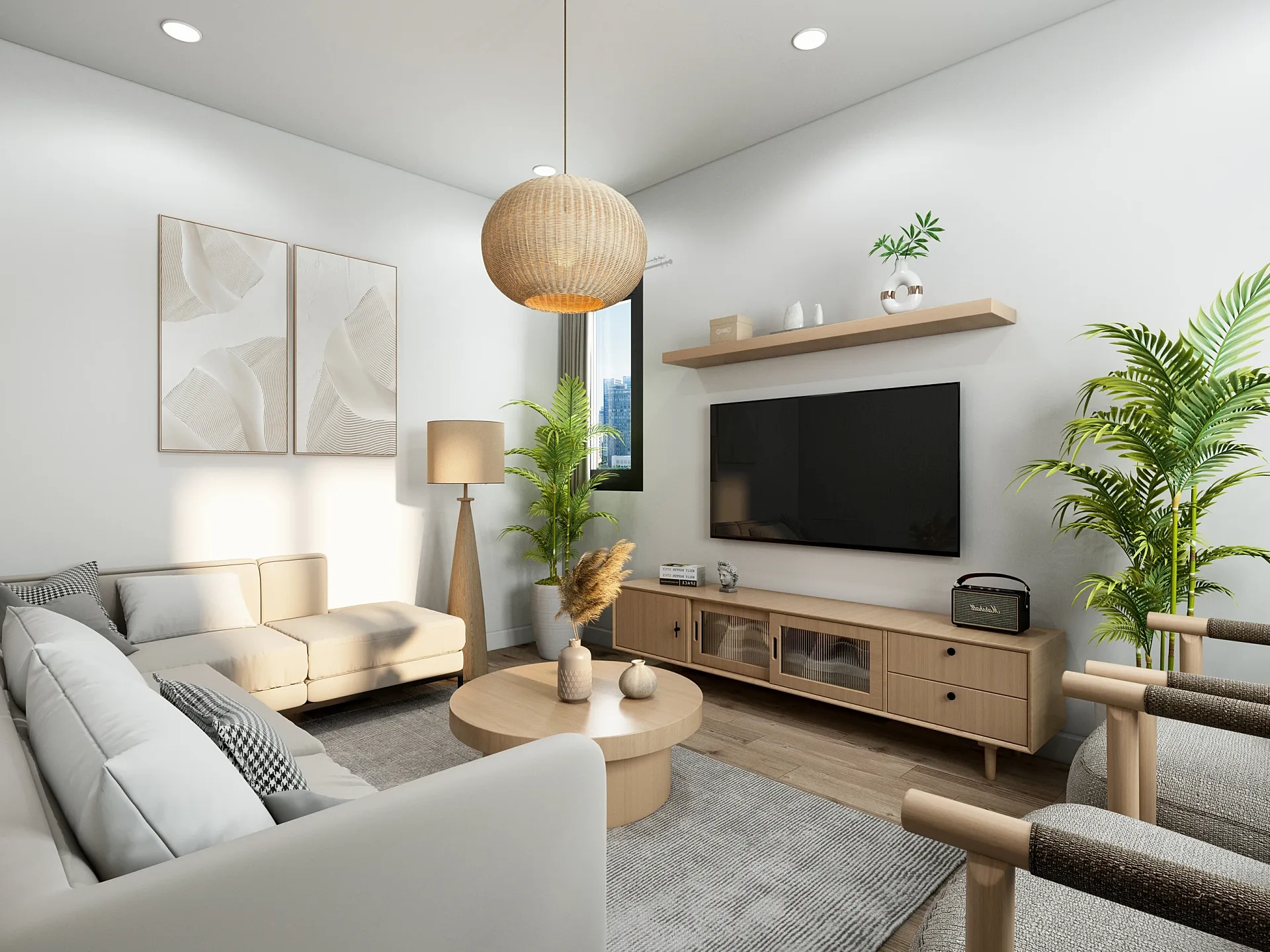 Interior 3D render of a living room with media wall