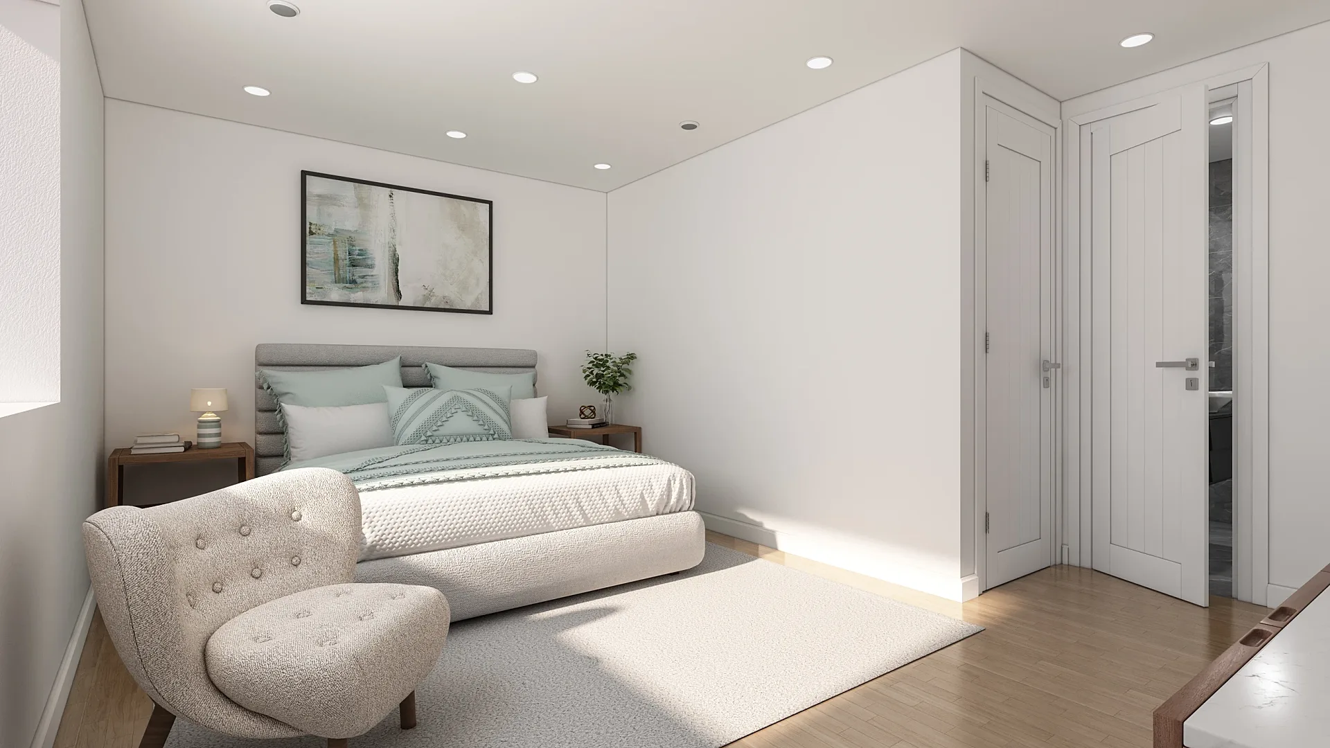 Interior 3D render of a loft bedroom