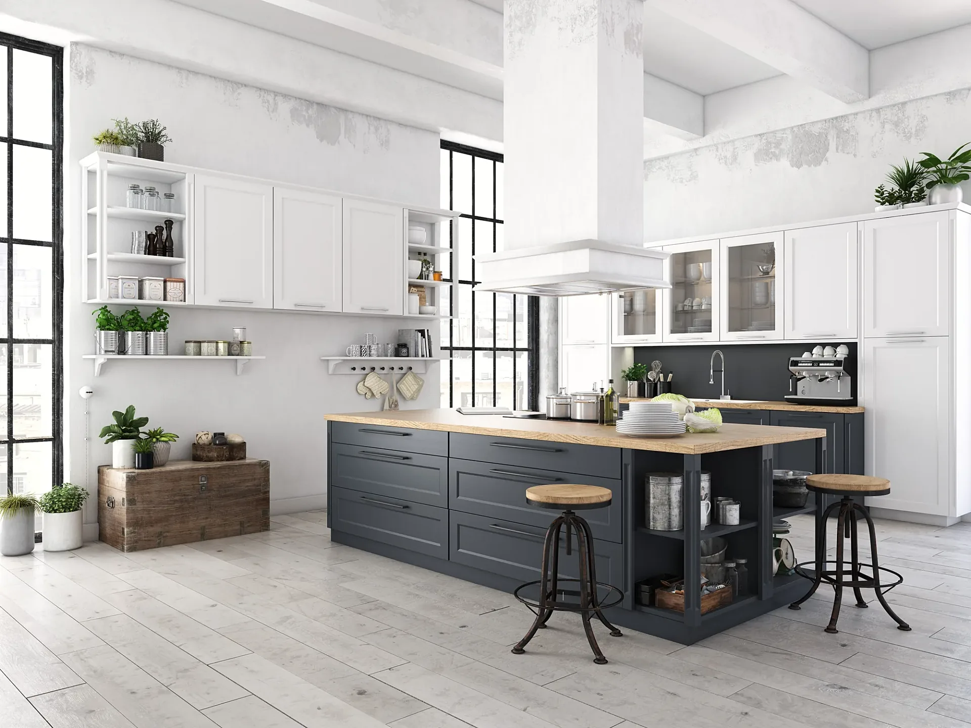 Interior 3D render of a loft-style kitchen with navy island and bar stools