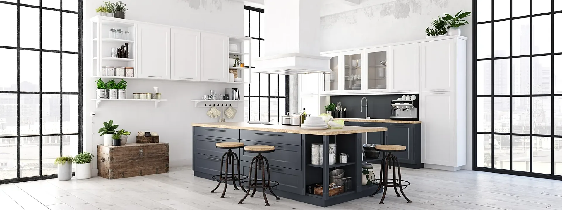 Wide interior 3D render of a loft kitchen with steel-framed windows