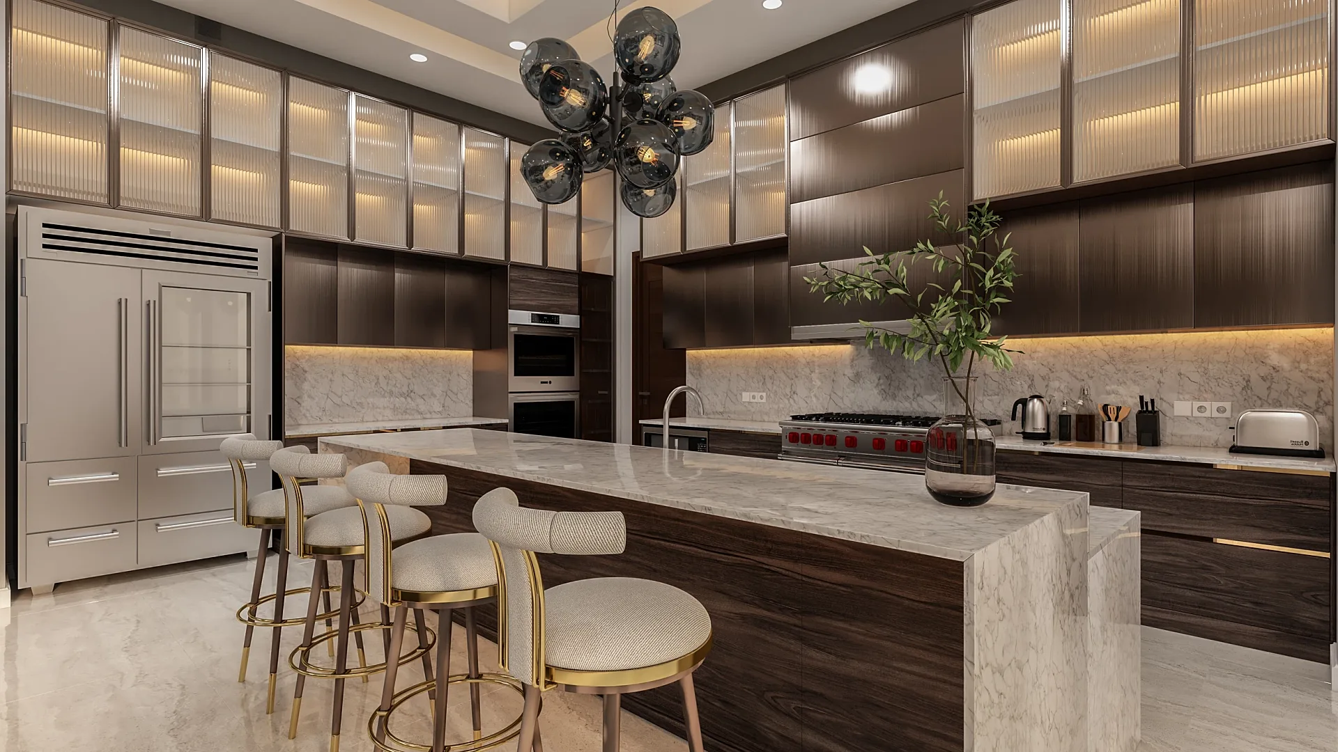 Interior 3D render of a luxury kitchen with island and glass cabinets