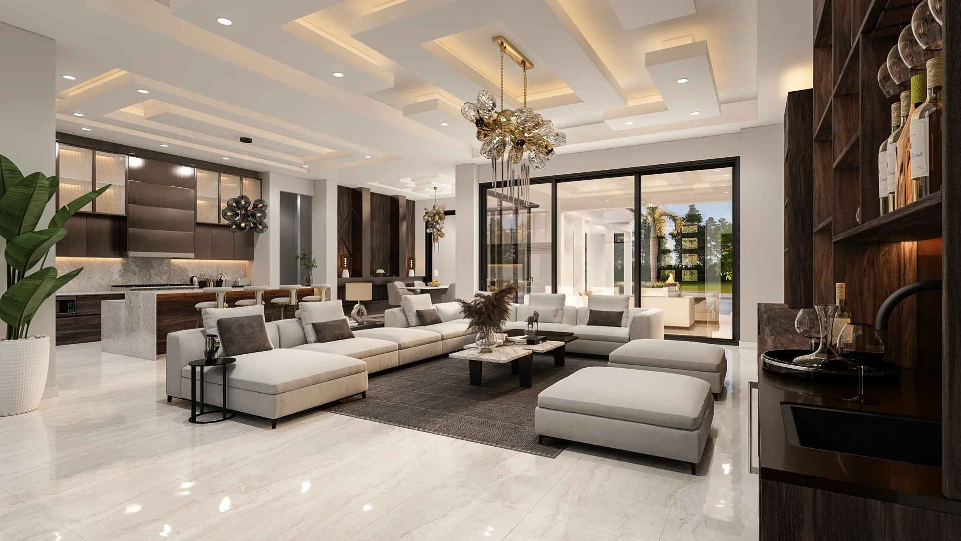 Interior 3D render of a luxury living room with coffered ceiling