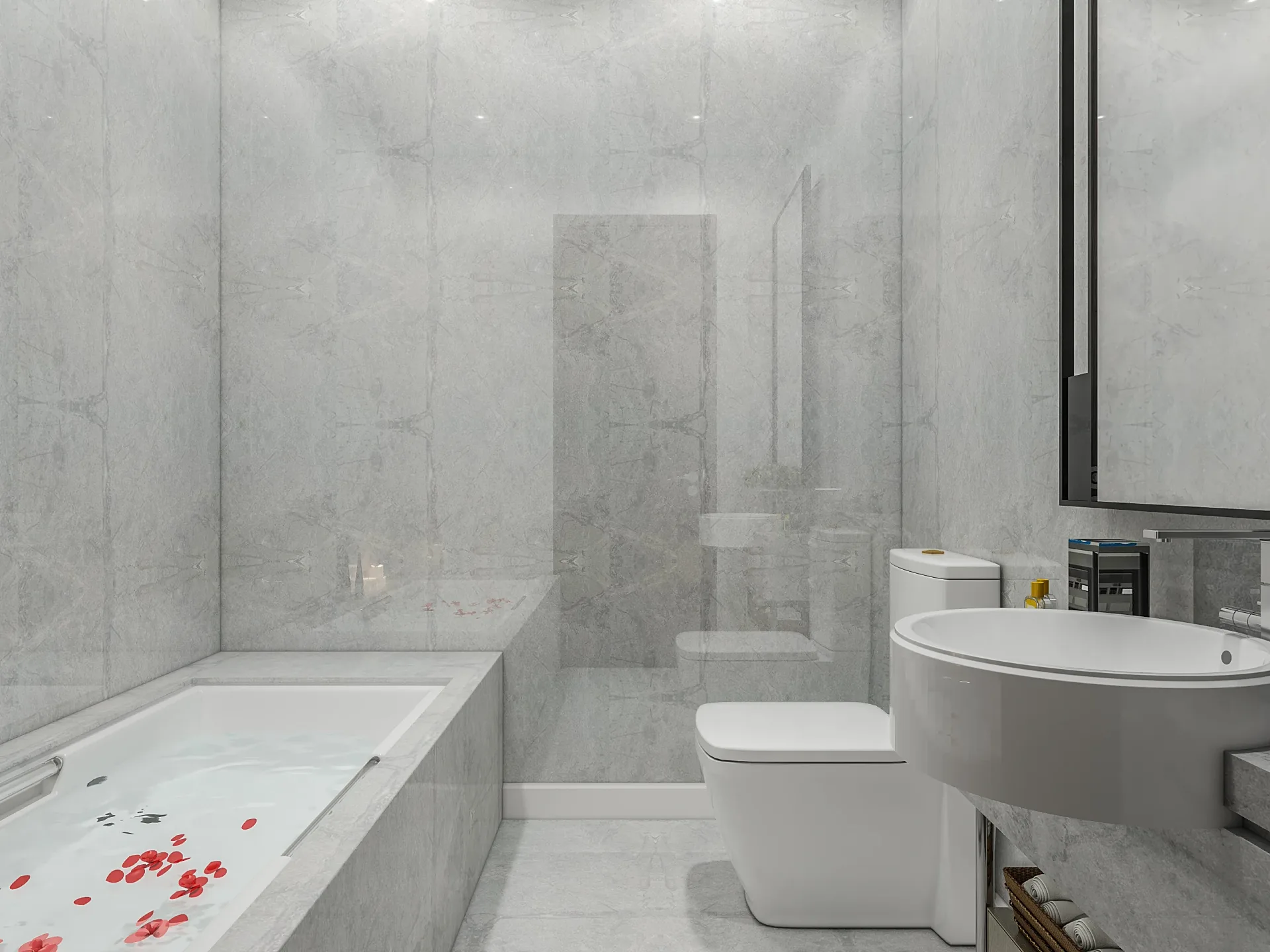 Interior 3D render of a marble bathroom with bath