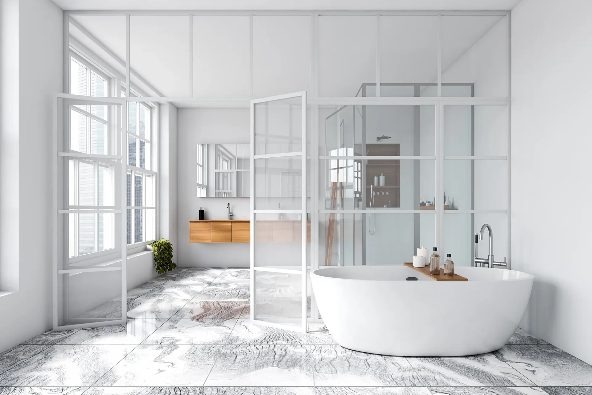 Interior 3D render of a marble ensuite with freestanding bath