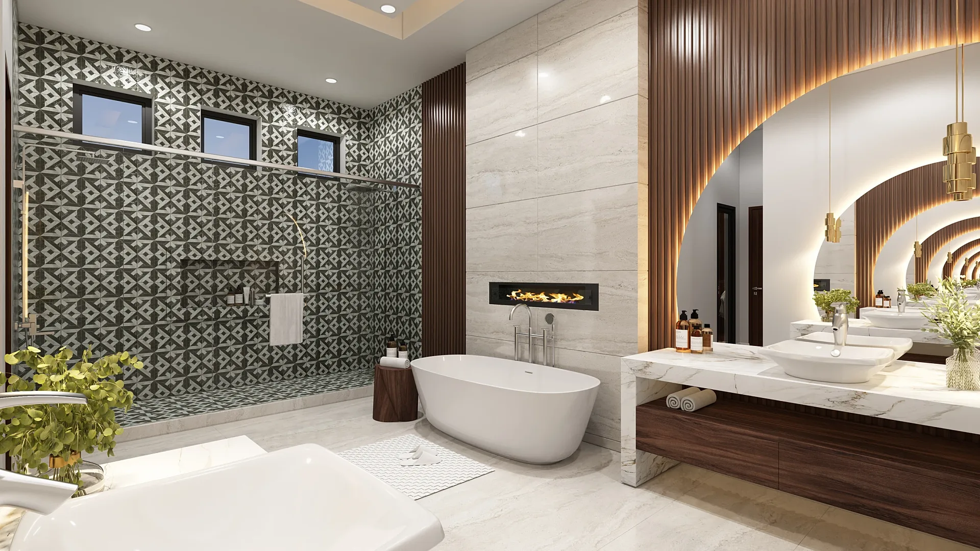Interior 3D render of a master bathroom with freestanding bath