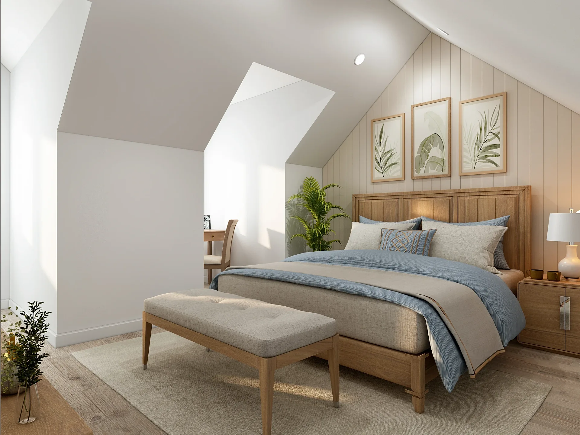 Interior 3D render of a master bedroom with dormer window
