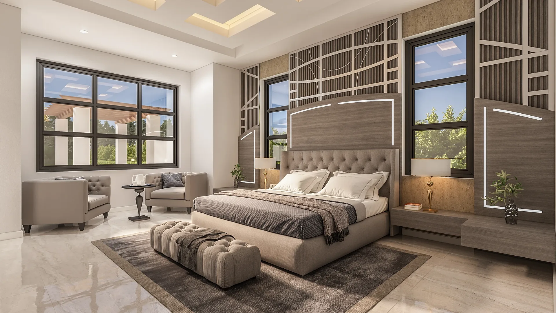 Interior 3D render of a master bedroom with panelled feature wall