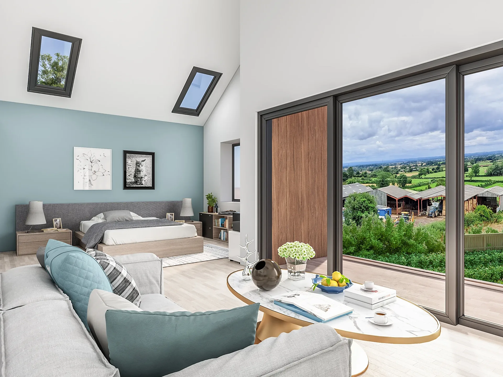 Interior 3D render of a master bedroom with skylights and a rural outlook