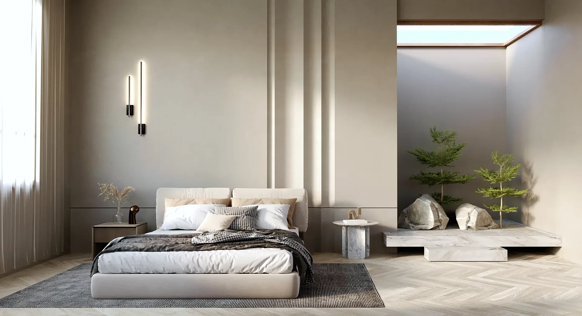 Interior 3D render of a minimalist bedroom suite with skylight