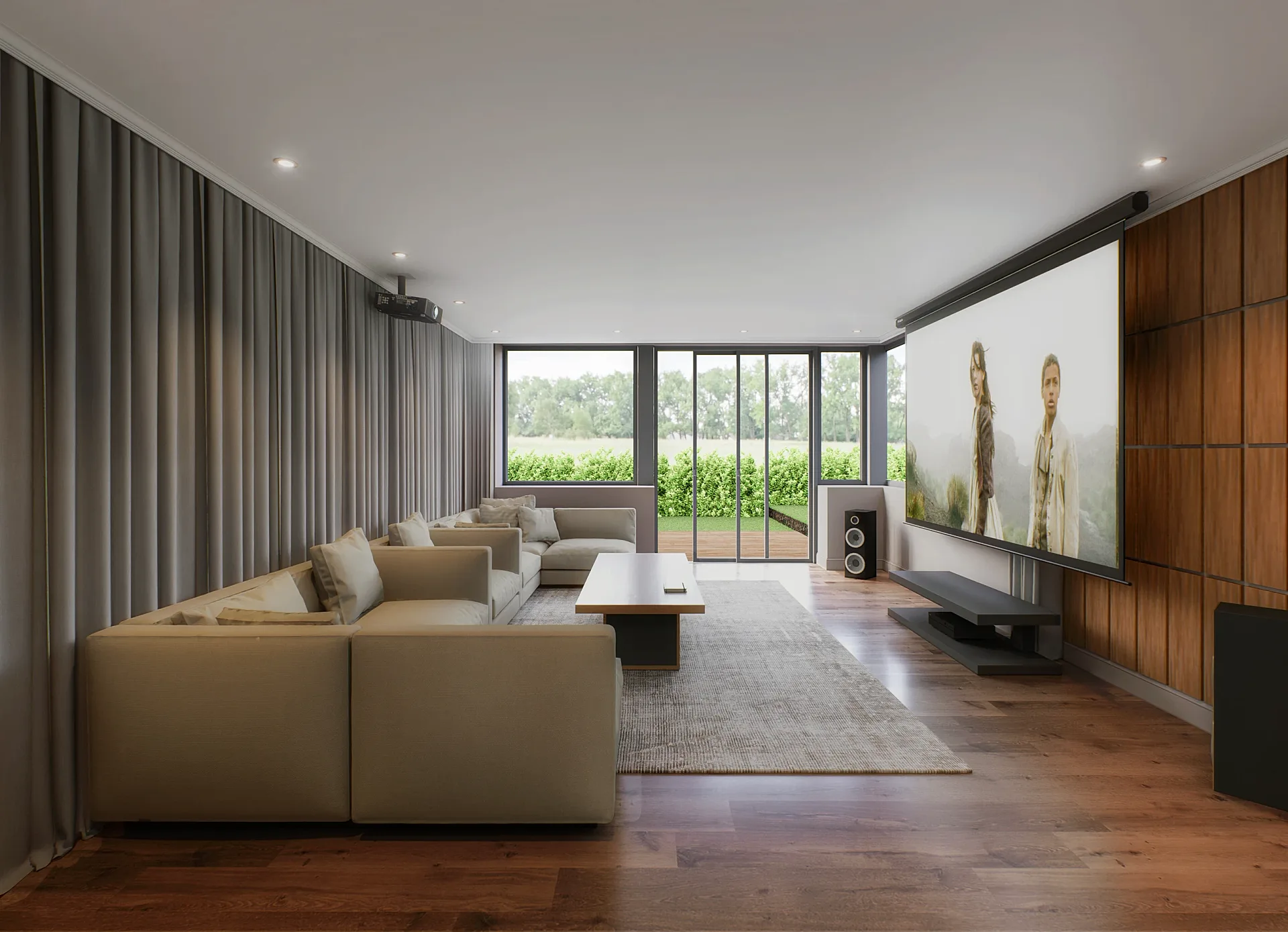 Interior 3D render of a movie room with projection screen