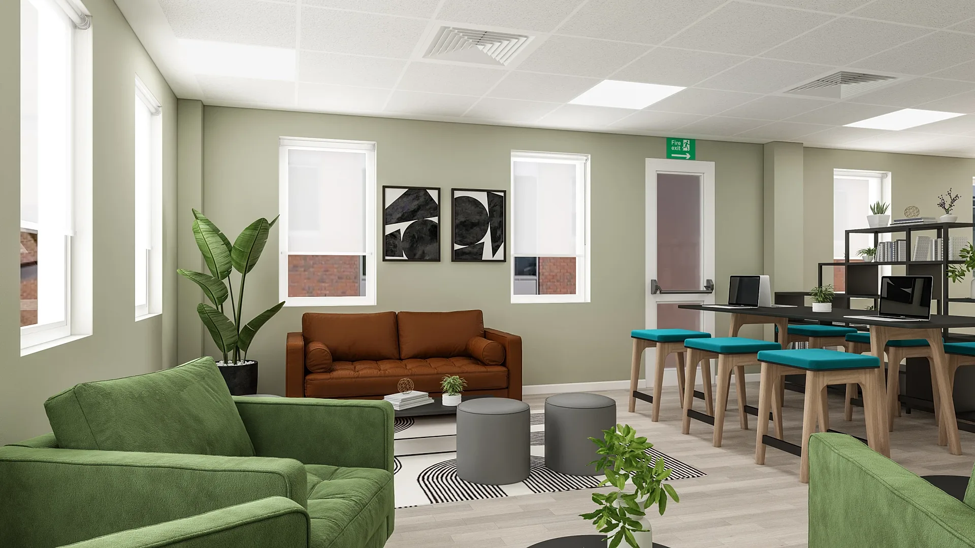 Interior 3D render of an office breakout area