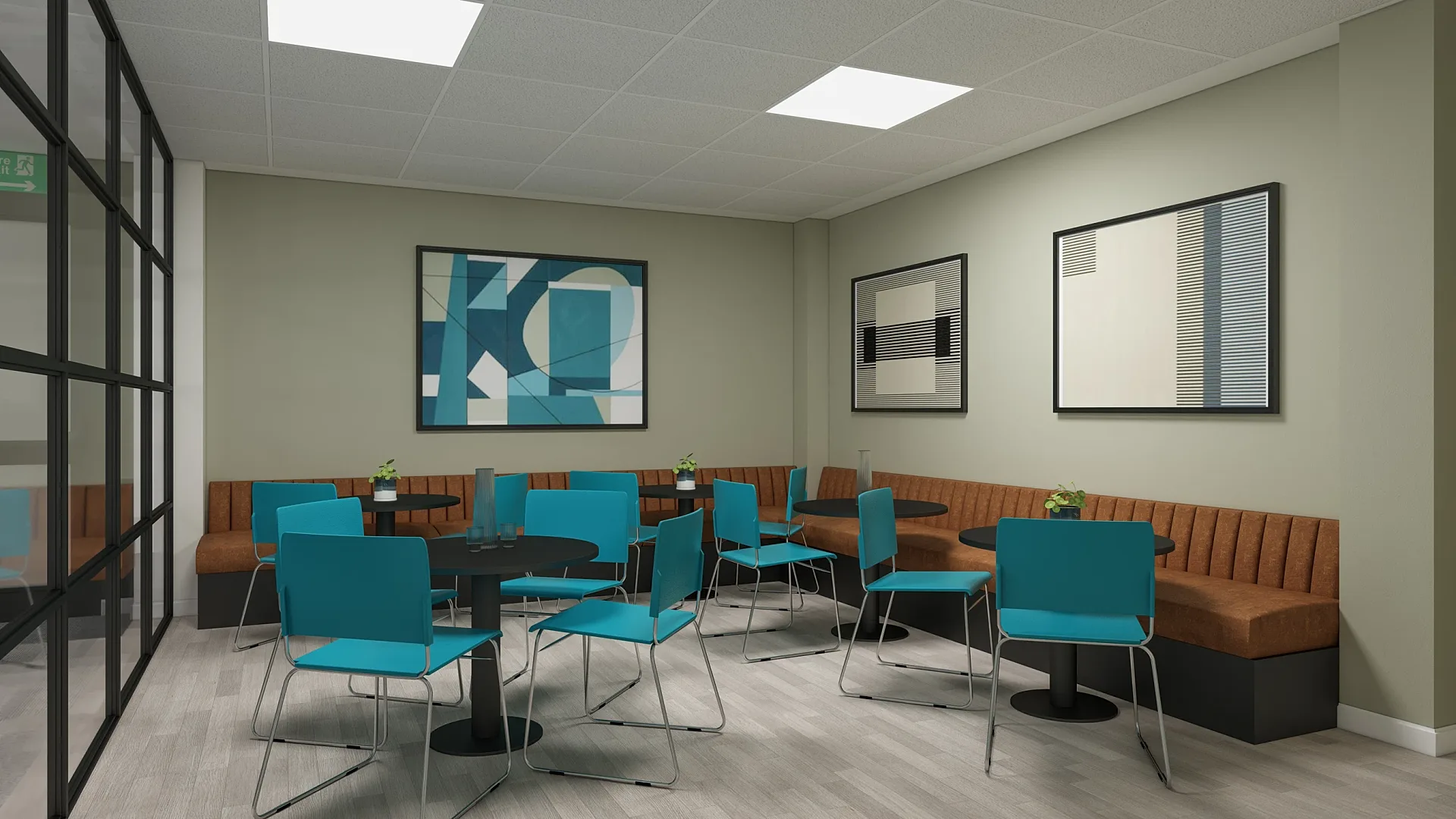 Interior 3D render of an office kitchen with booth seating
