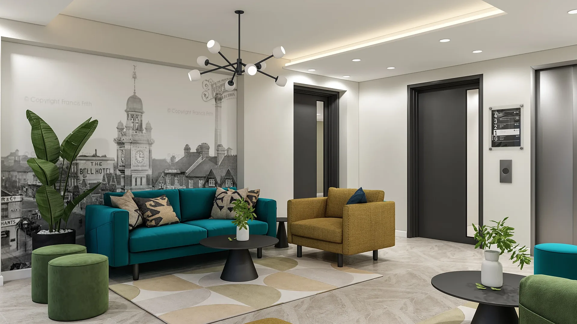 Interior 3D render of an office reception with mural wall