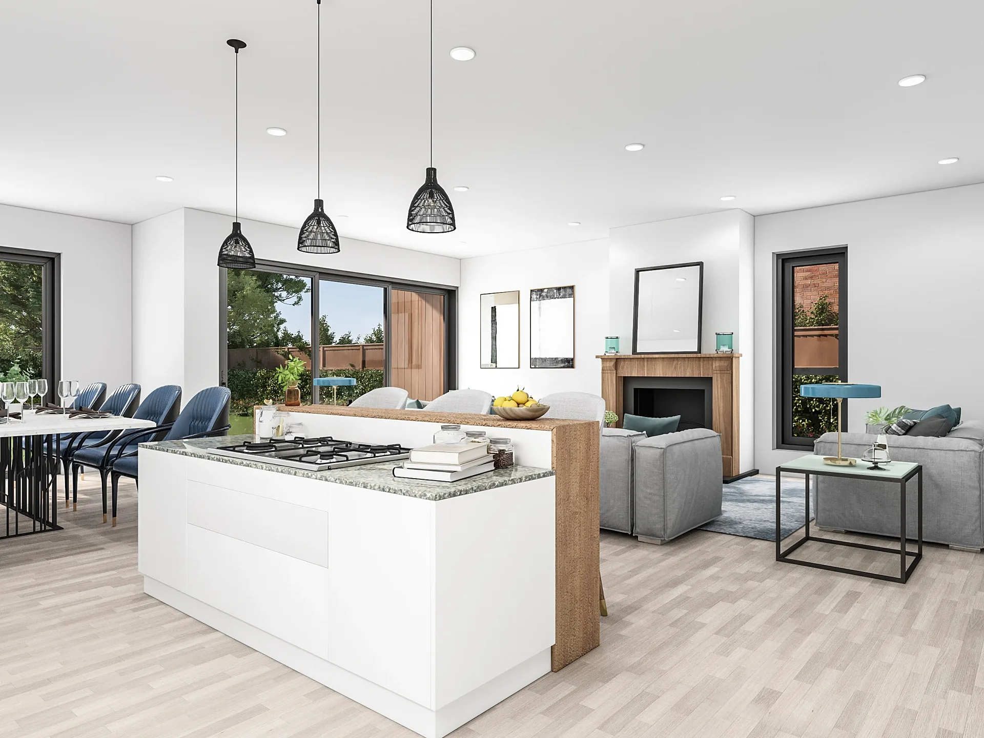 Interior 3D render of an open-plan kitchen and living room with island