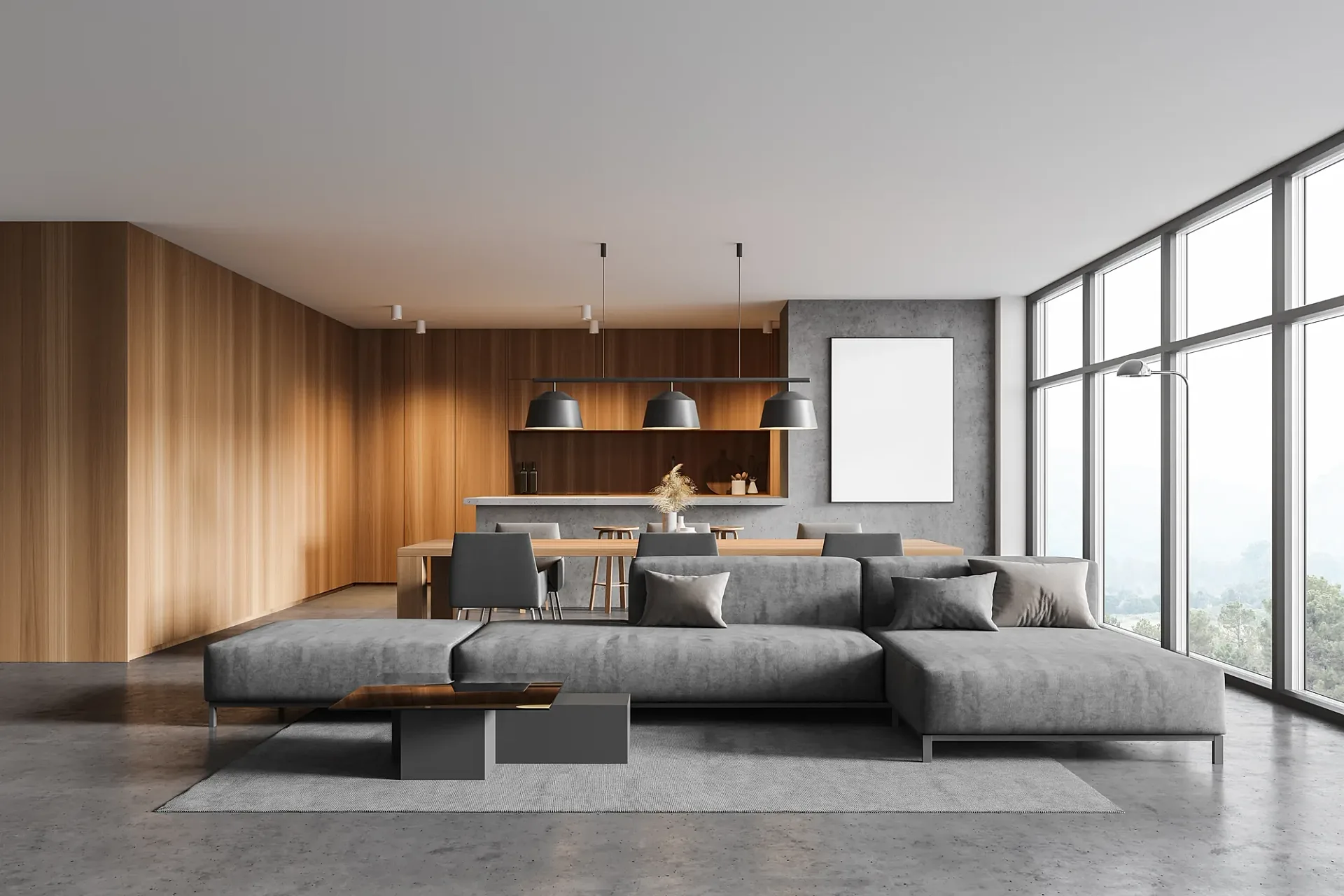 Interior 3D render of an open-plan living room with timber wall panelling