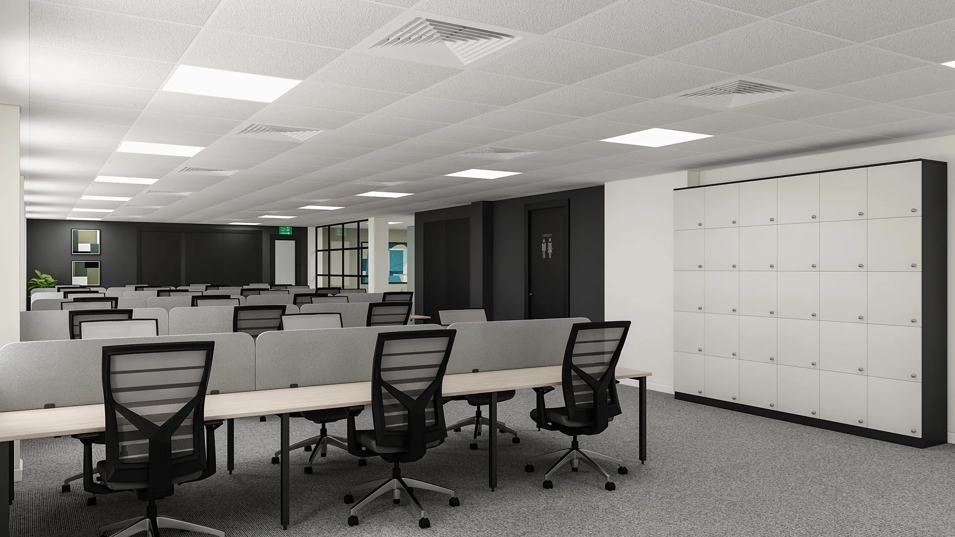 Interior 3D render of an open-plan office with workstations