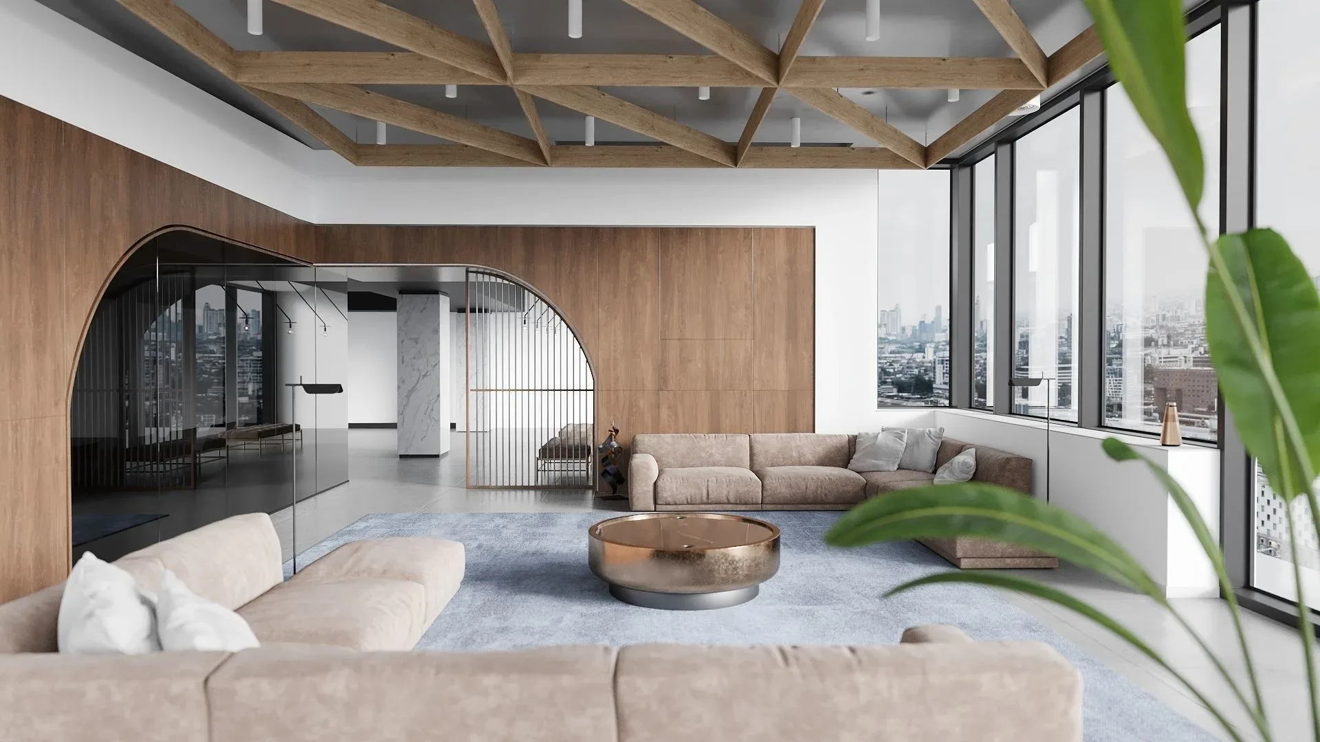 Interior 3D render of a penthouse lounge with arched partition and city view