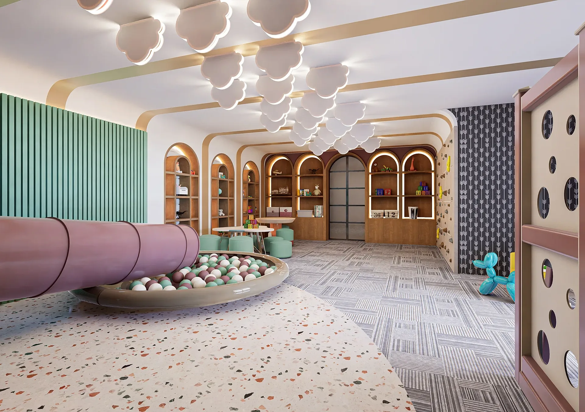 Interior 3D render of a play centre climbing wall and soft seating