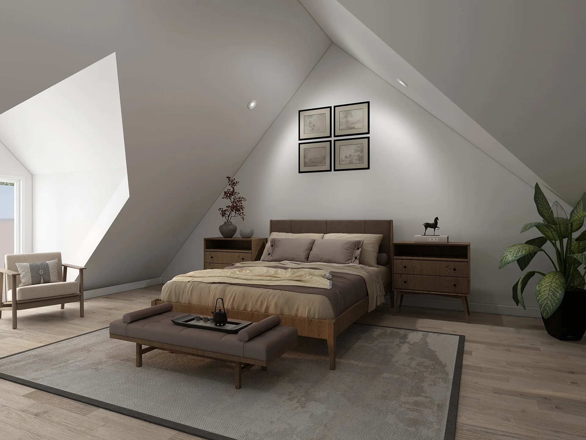 Interior 3D render of a primary bedroom with vaulted ceiling