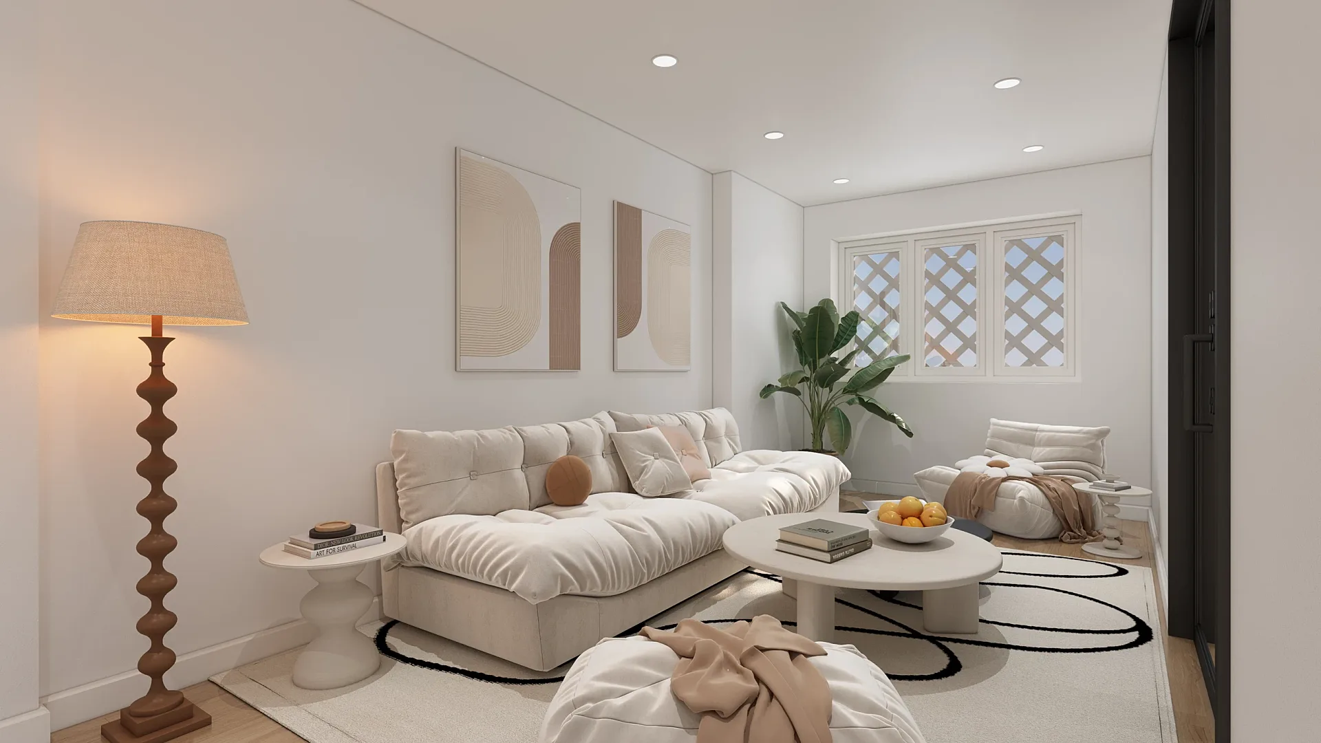 Interior 3D render of a refurbished living room with curved sofa