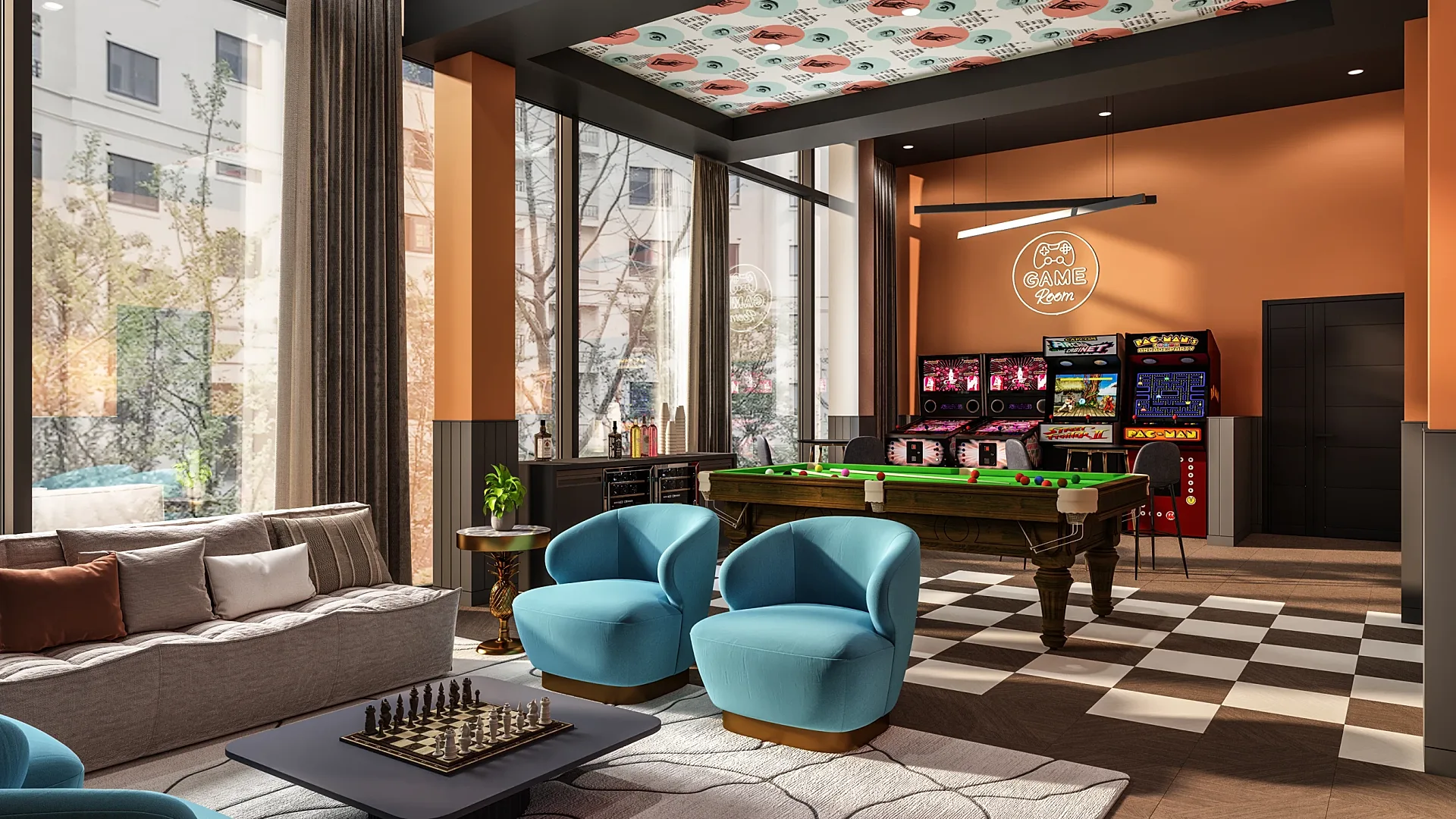 Interior 3D render of a residents' games room with billiard table