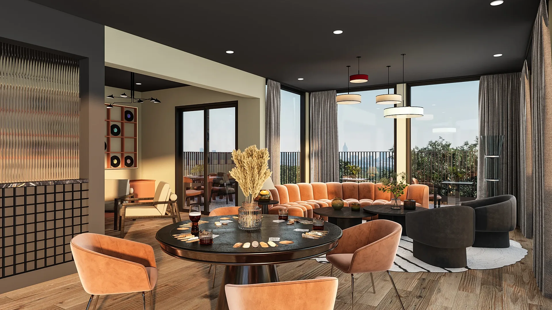 Interior 3D render of a rooftop clubroom opening onto a terrace