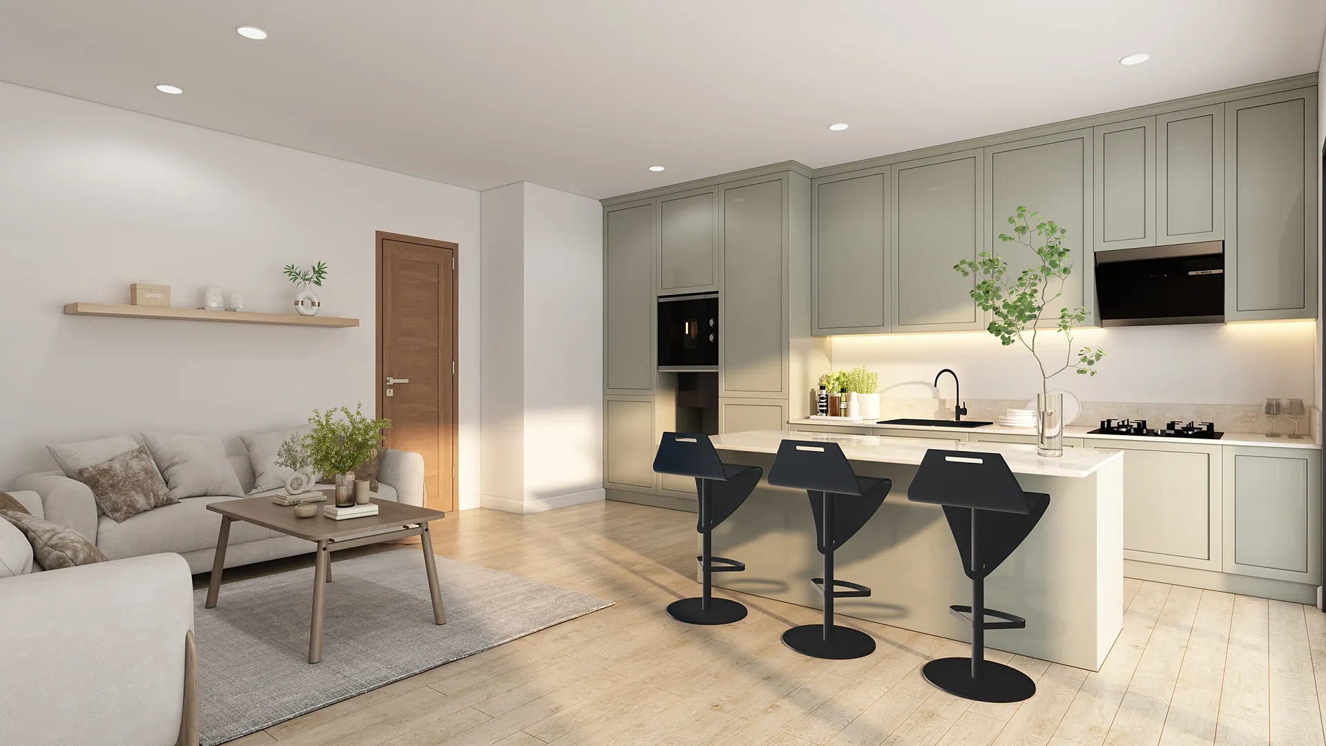 Interior 3D render of a sage-green kitchen with island
