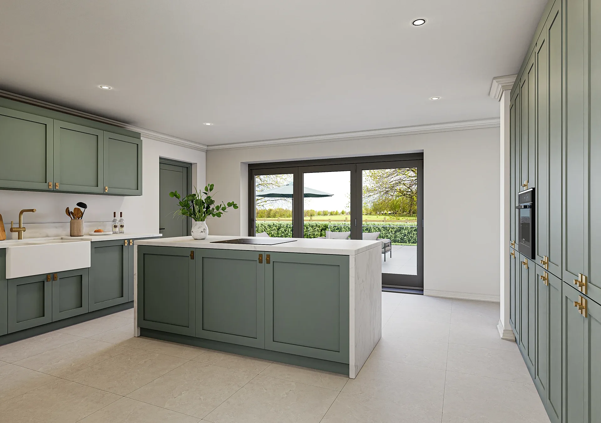 Interior 3D render of a sage shaker kitchen