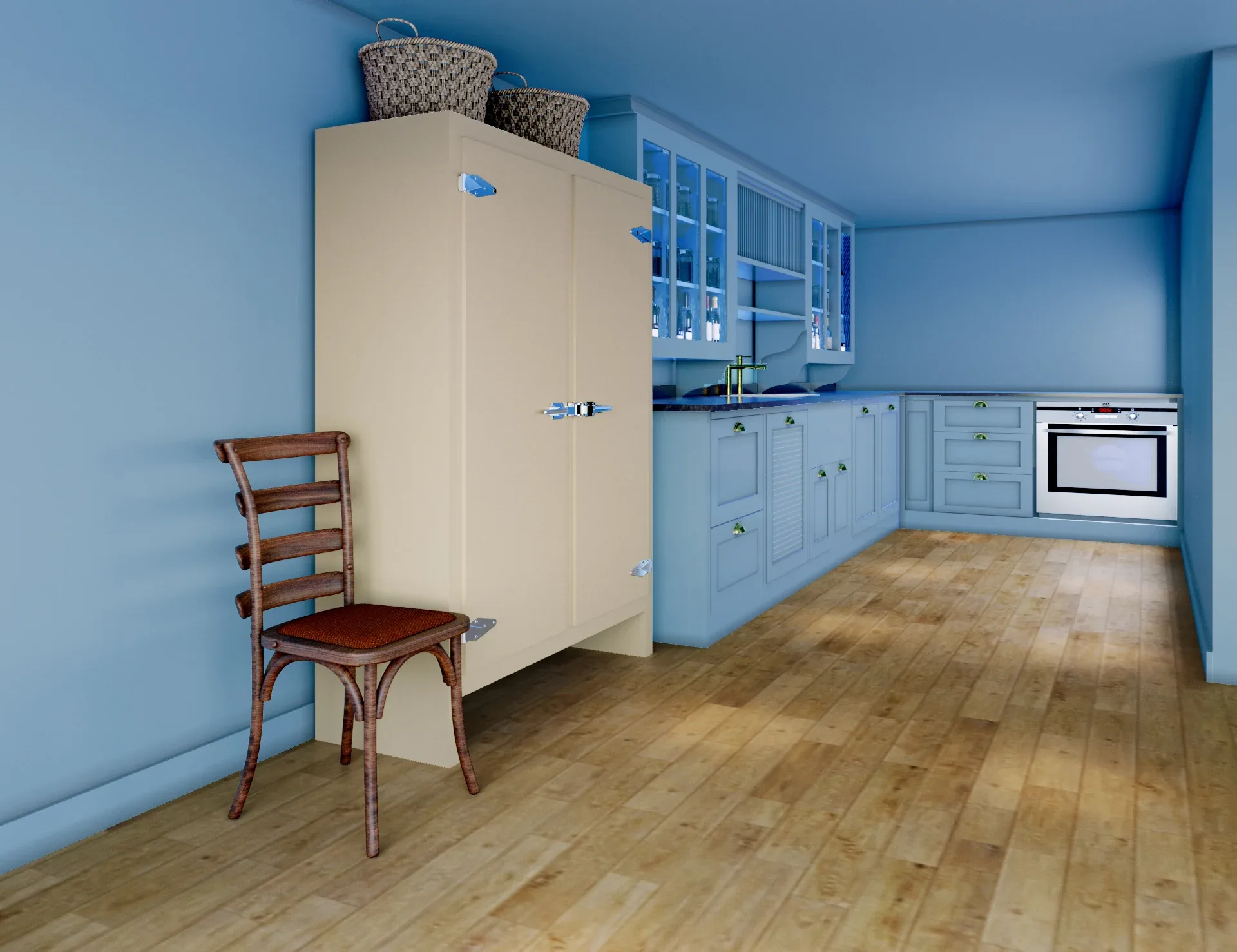 Interior 3D render of a scullery in blue, straight-on view