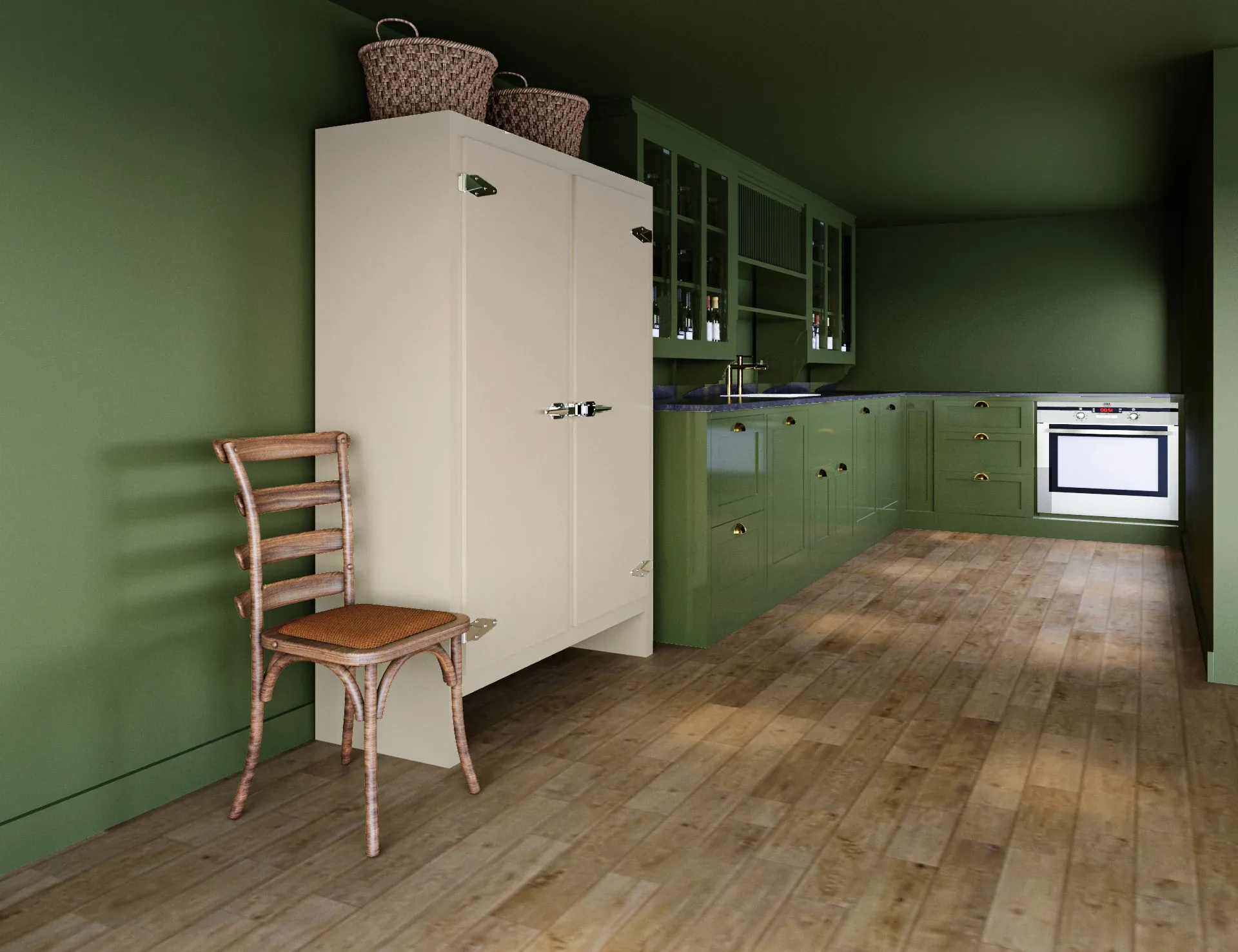 Interior 3D render of a scullery in olive green, straight-on view