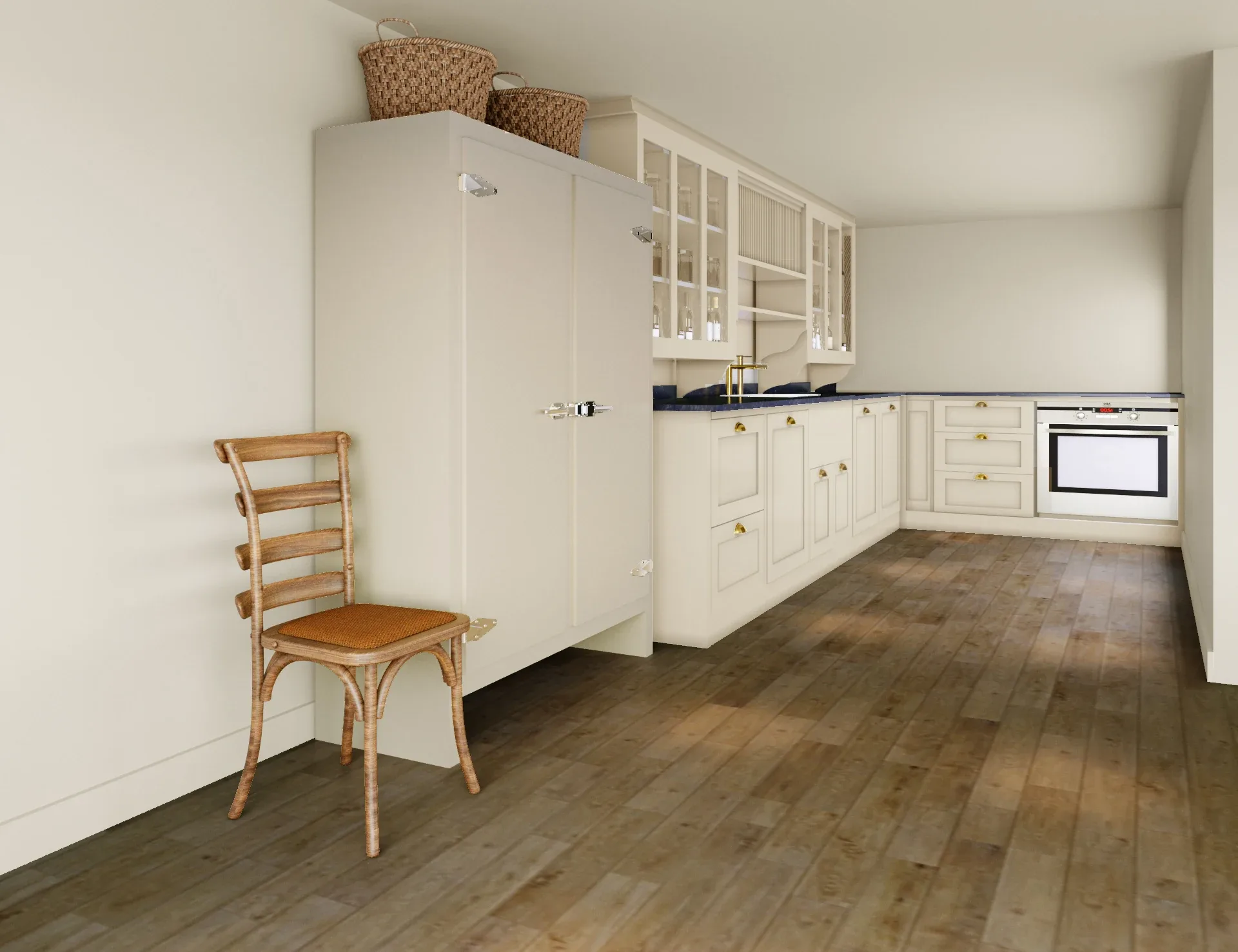 Interior 3D render of a scullery in stone, straight-on view