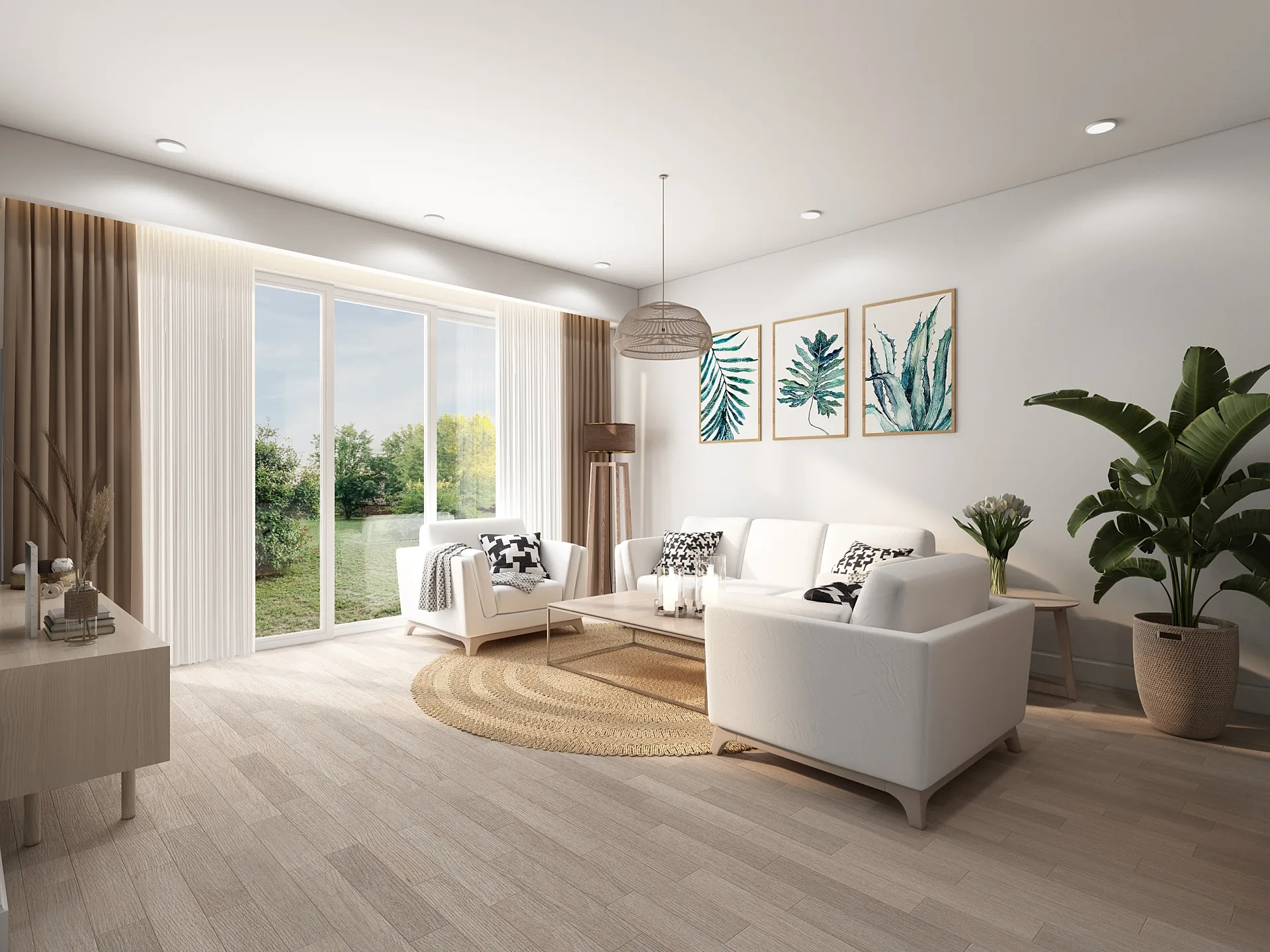 Interior 3D render of a show home kitchen and family area