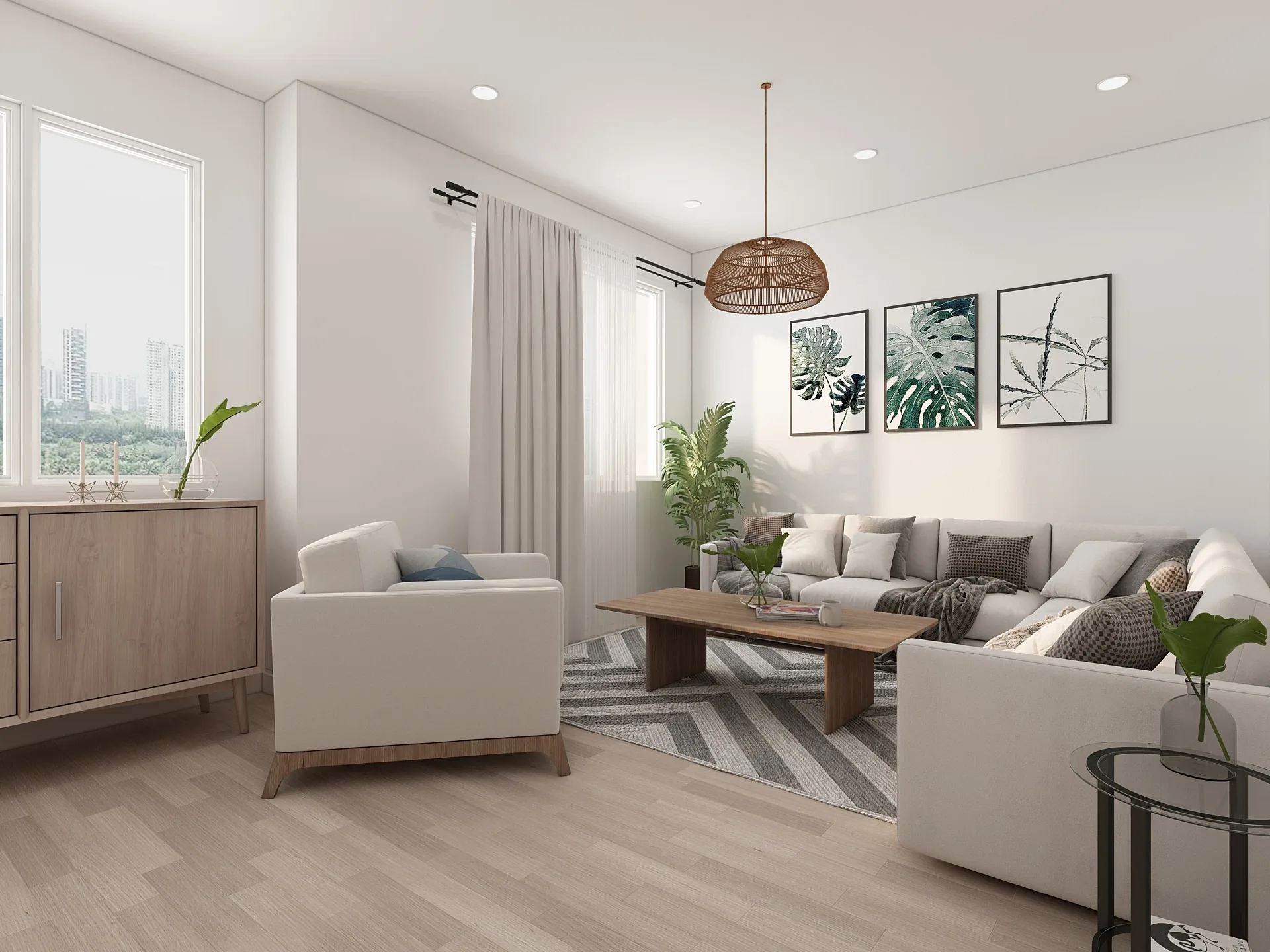 Interior 3D render of a show home living room with garden view