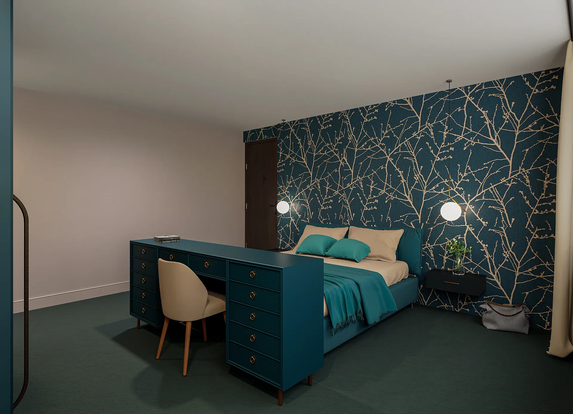 Interior 3D render of a bedroom in a dark teal palette