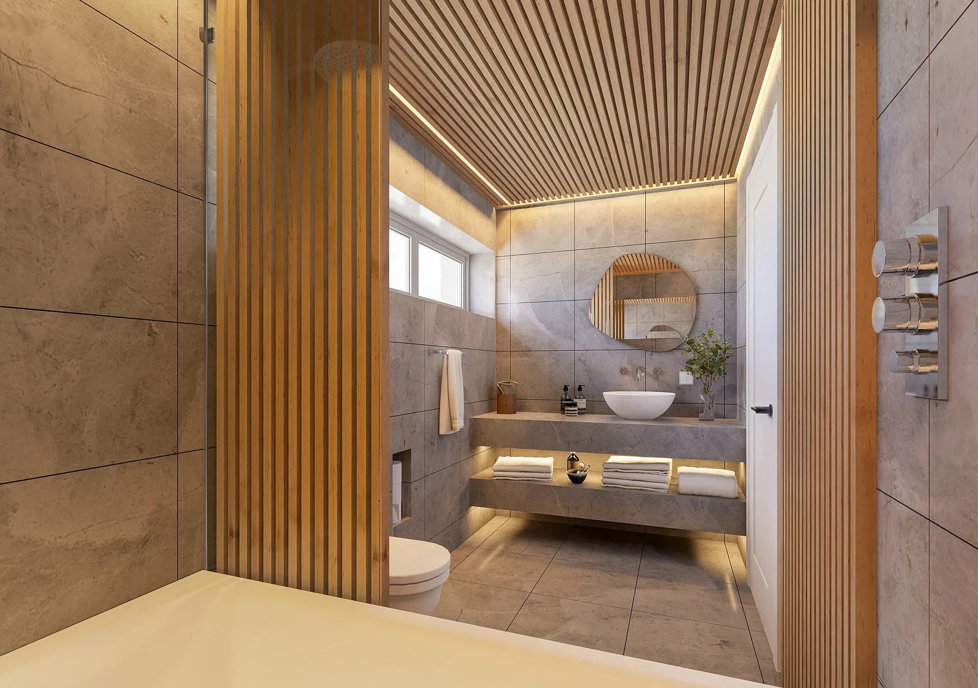 Interior 3D render of a timber-slat bathroom basin end