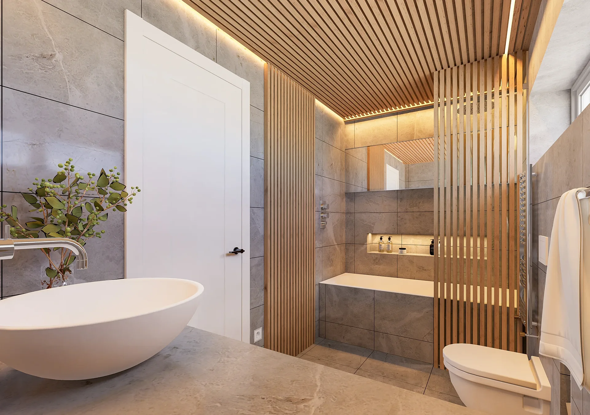Interior 3D render of a timber-slat bathroom with bath