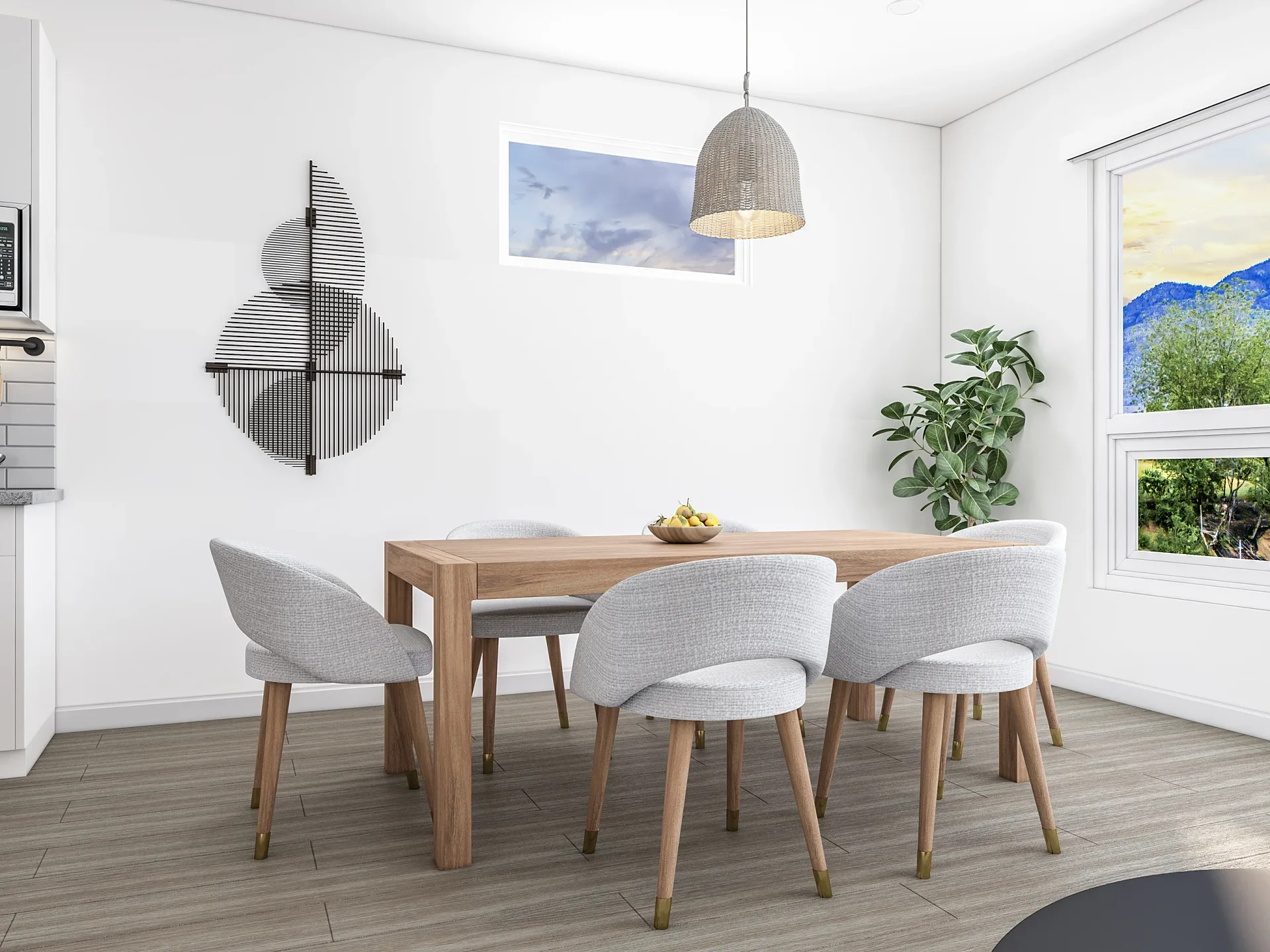 Interior 3D render of a townhouse dining area with mountain view