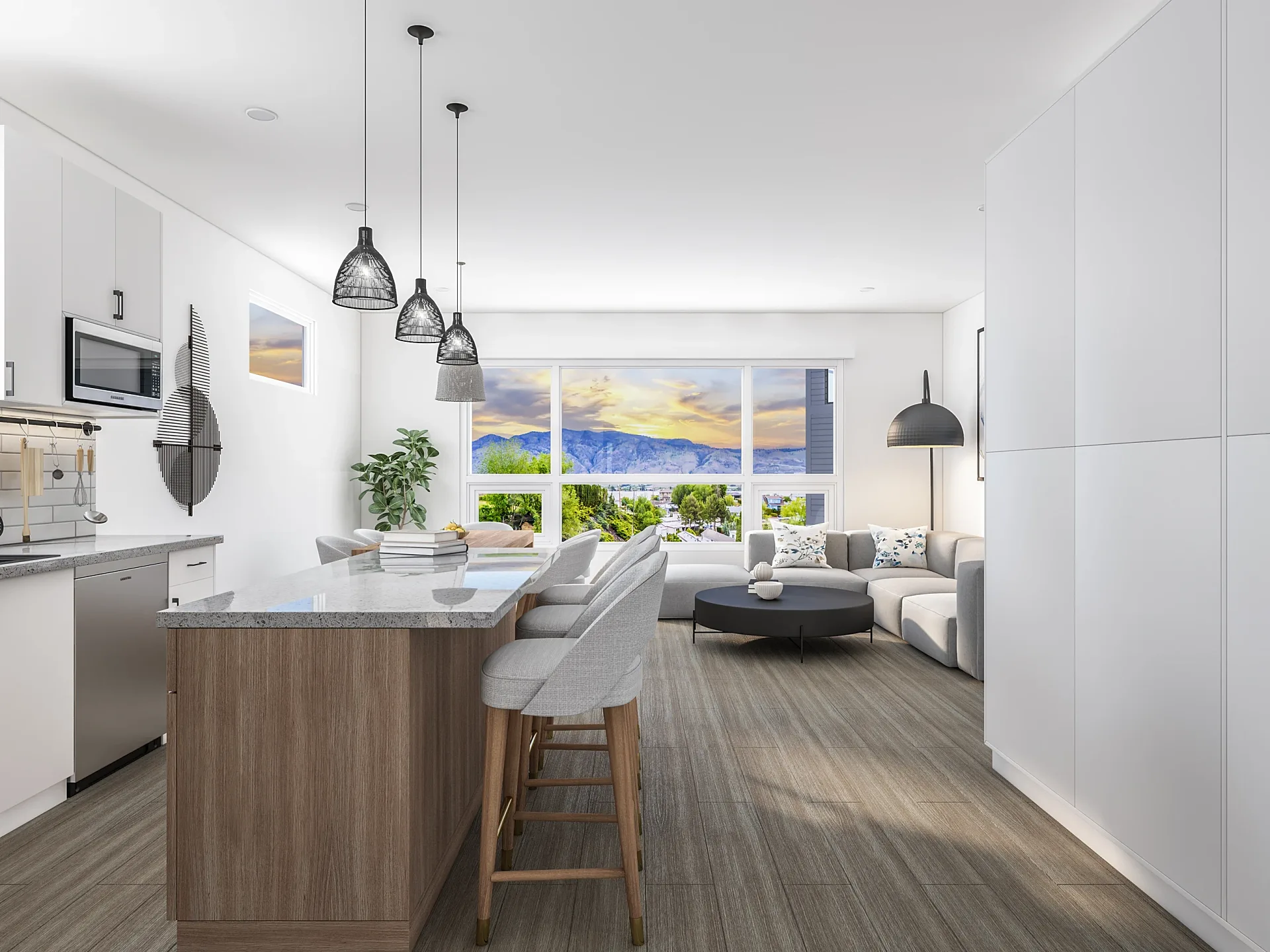 Interior 3D render of an open-plan townhouse kitchen and living area