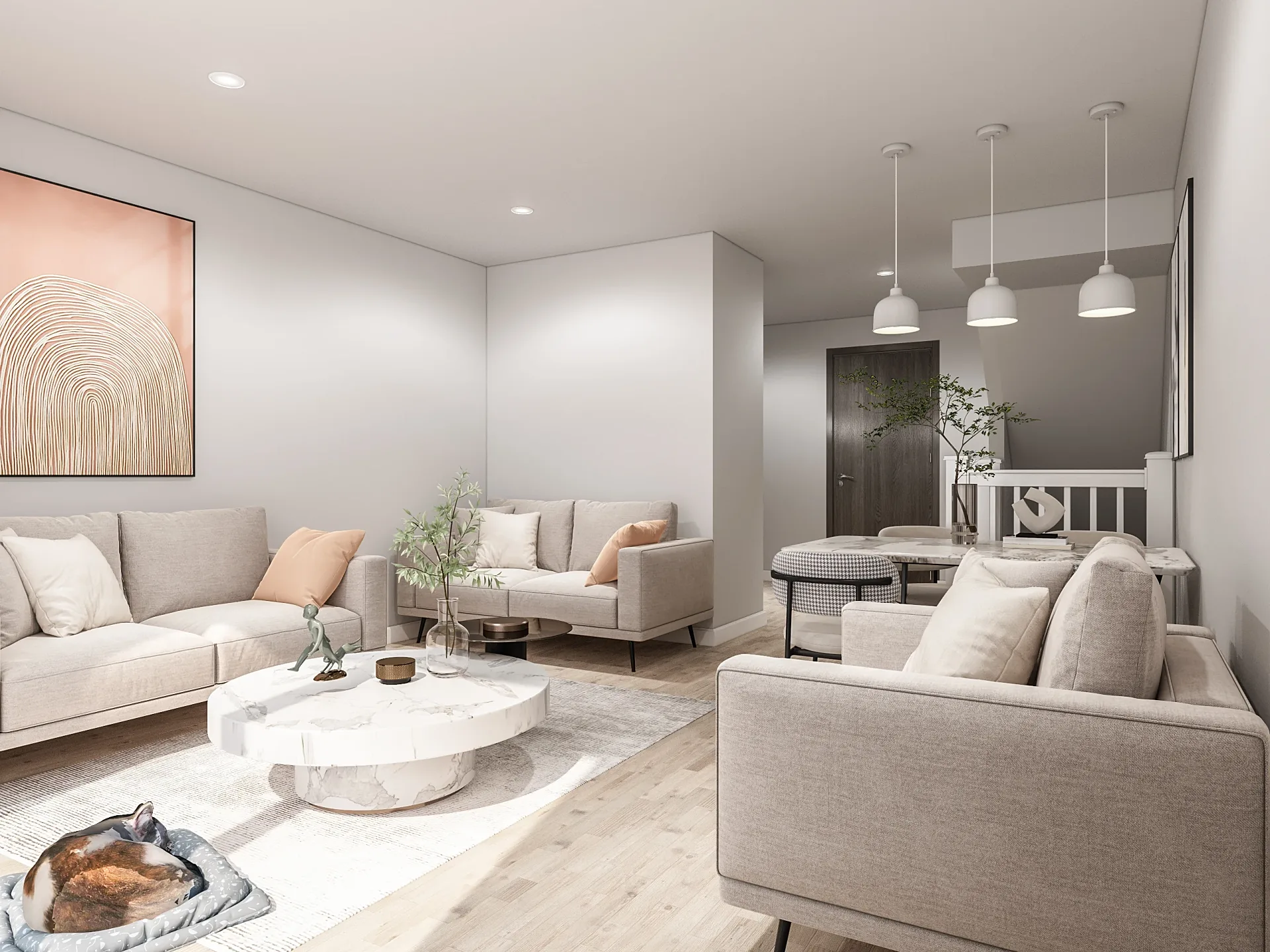 Interior 3D render of a townhouse living area with sofa and pendant lights