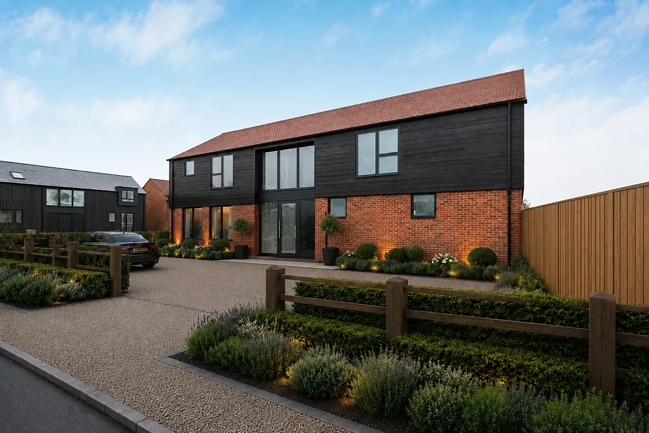 Photomontage of a completed house with CGI landscaping and gravel driveway