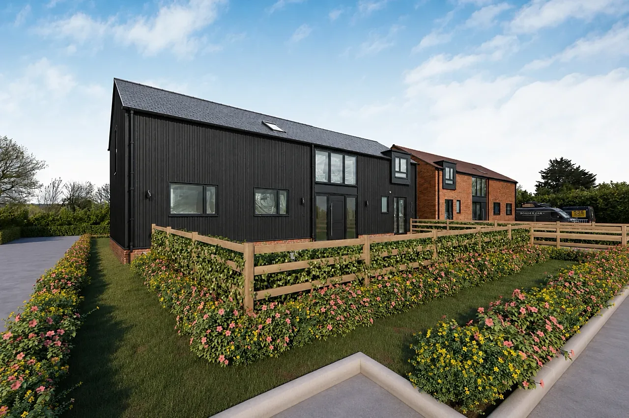 Photomontage of a new-build house with CGI fence and flower beds