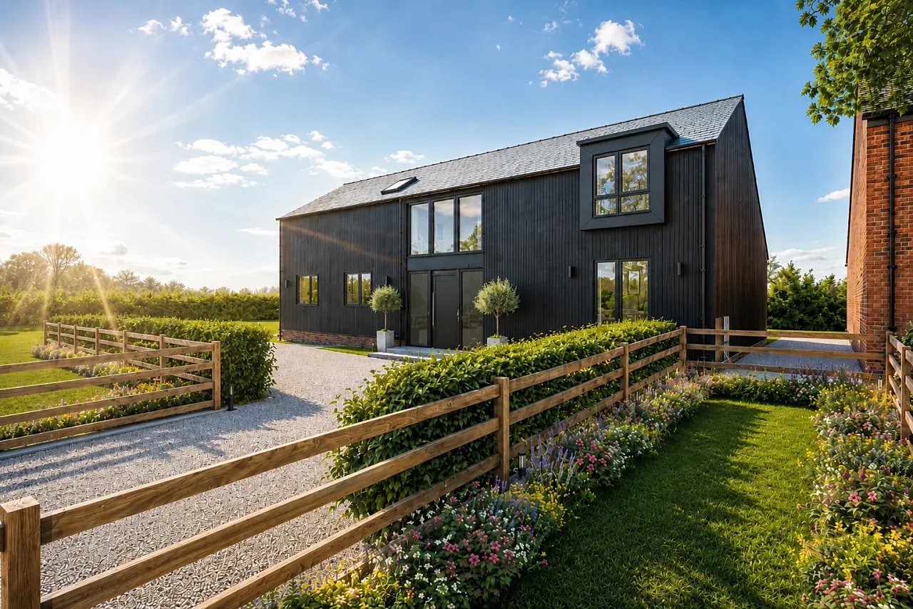 Photomontage of a new-build house with CGI lawn and planting