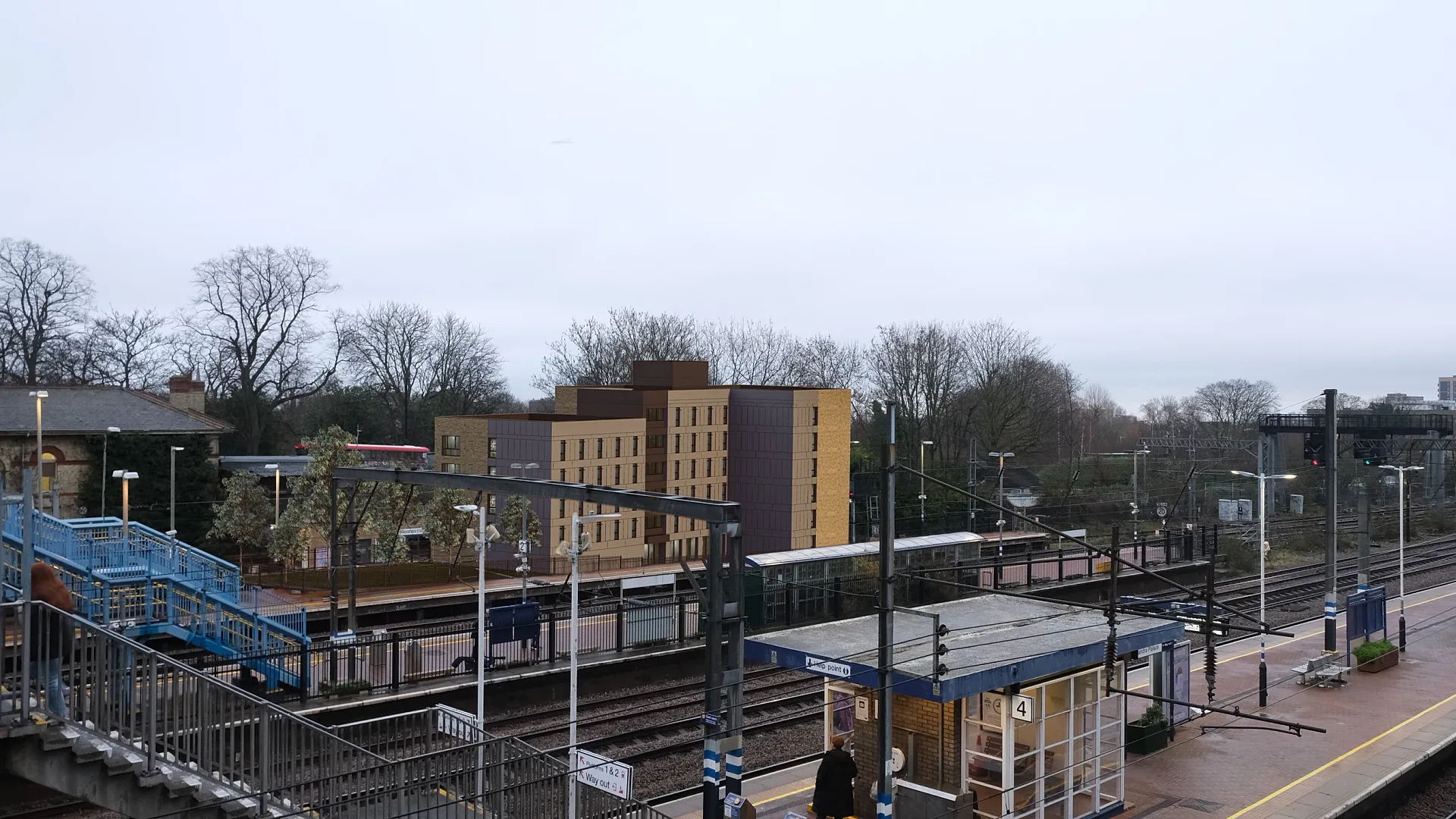 Photomontage of a proposed building beside a rail station