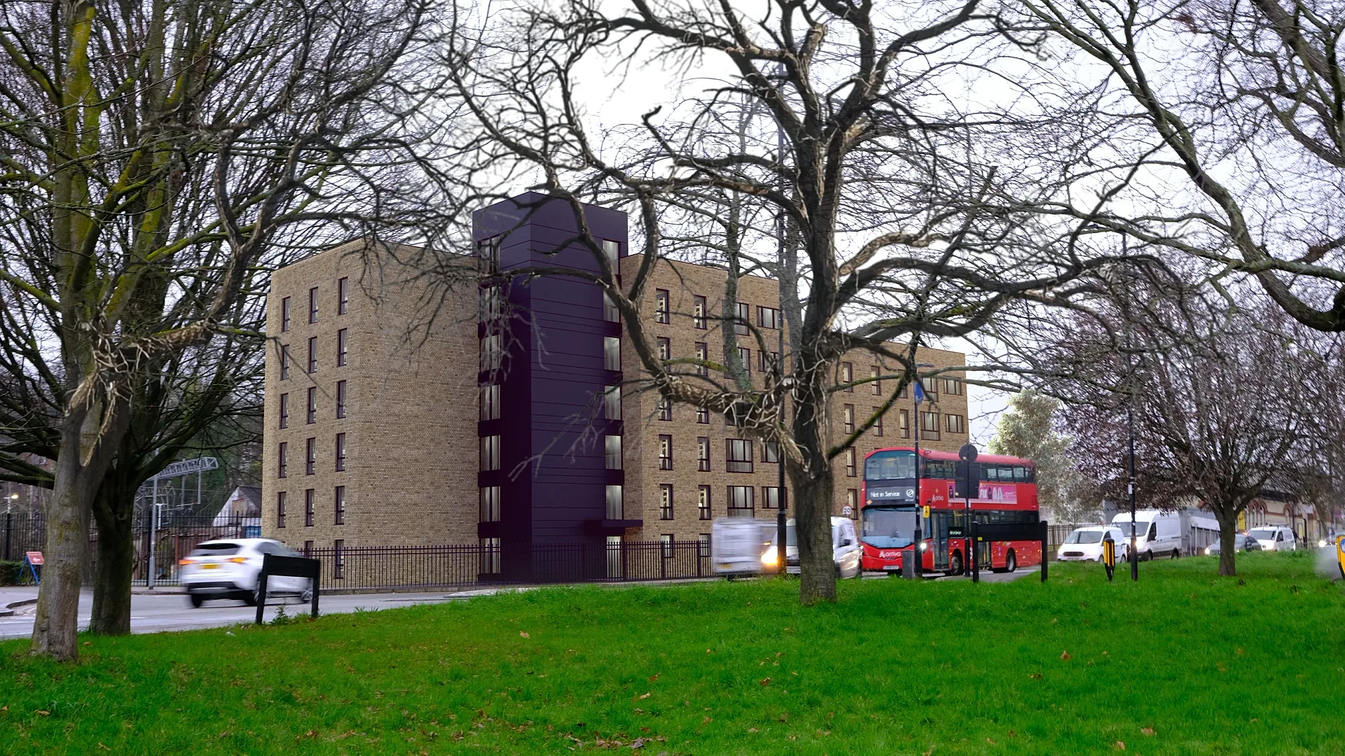 Camera-matched photomontage of a proposed modular building seen across parkland