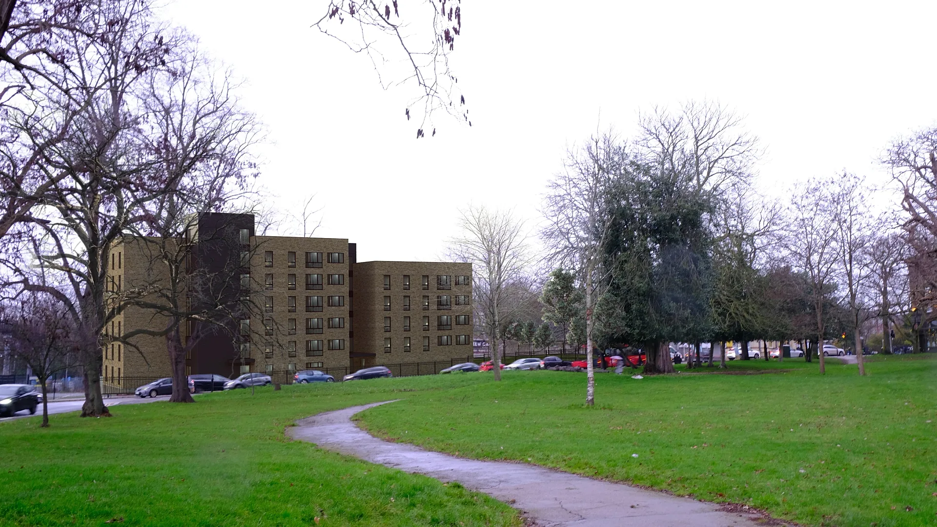 Photomontage of a proposed building from a footpath