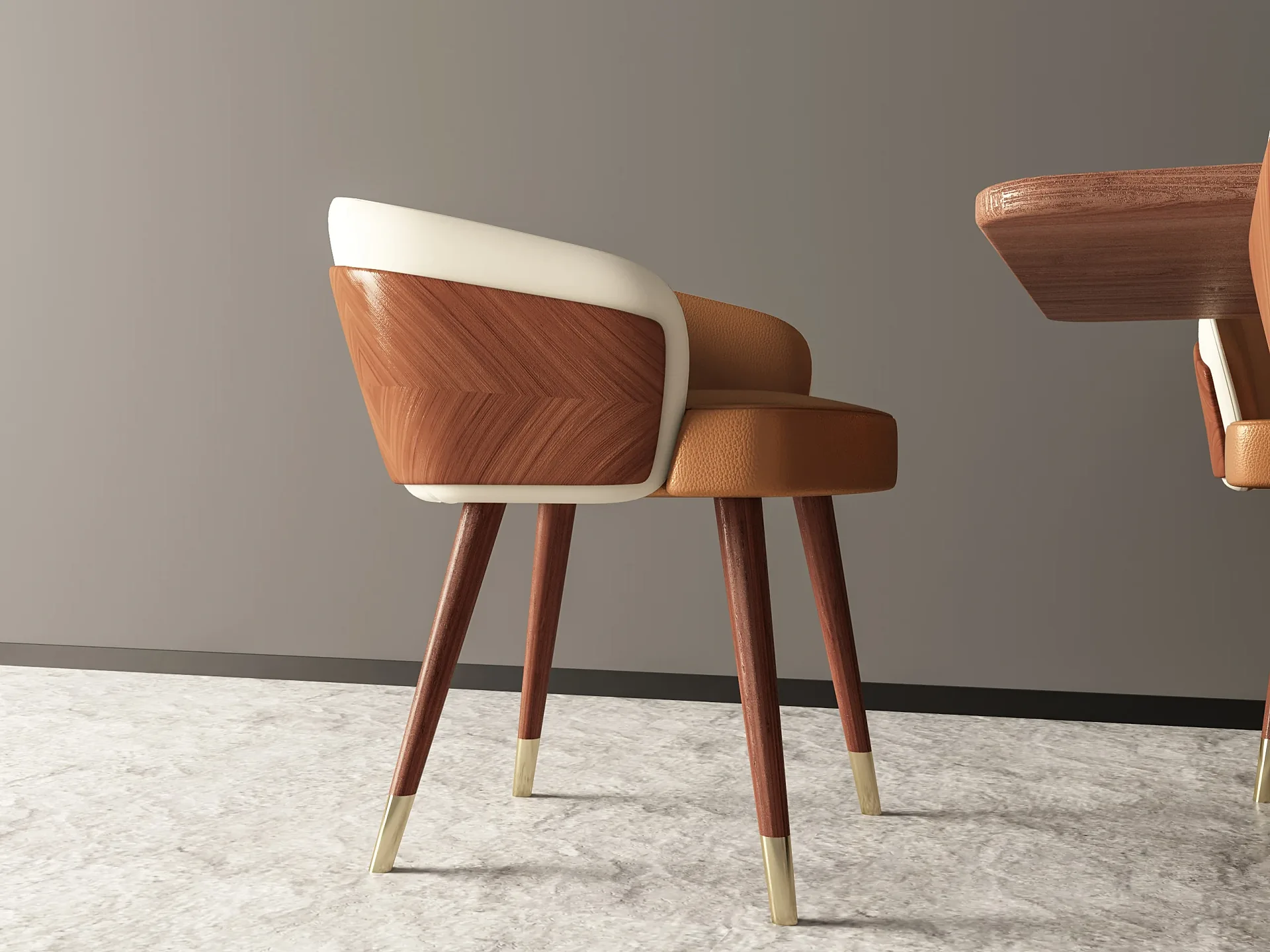 Product 3D render of a walnut dining chair