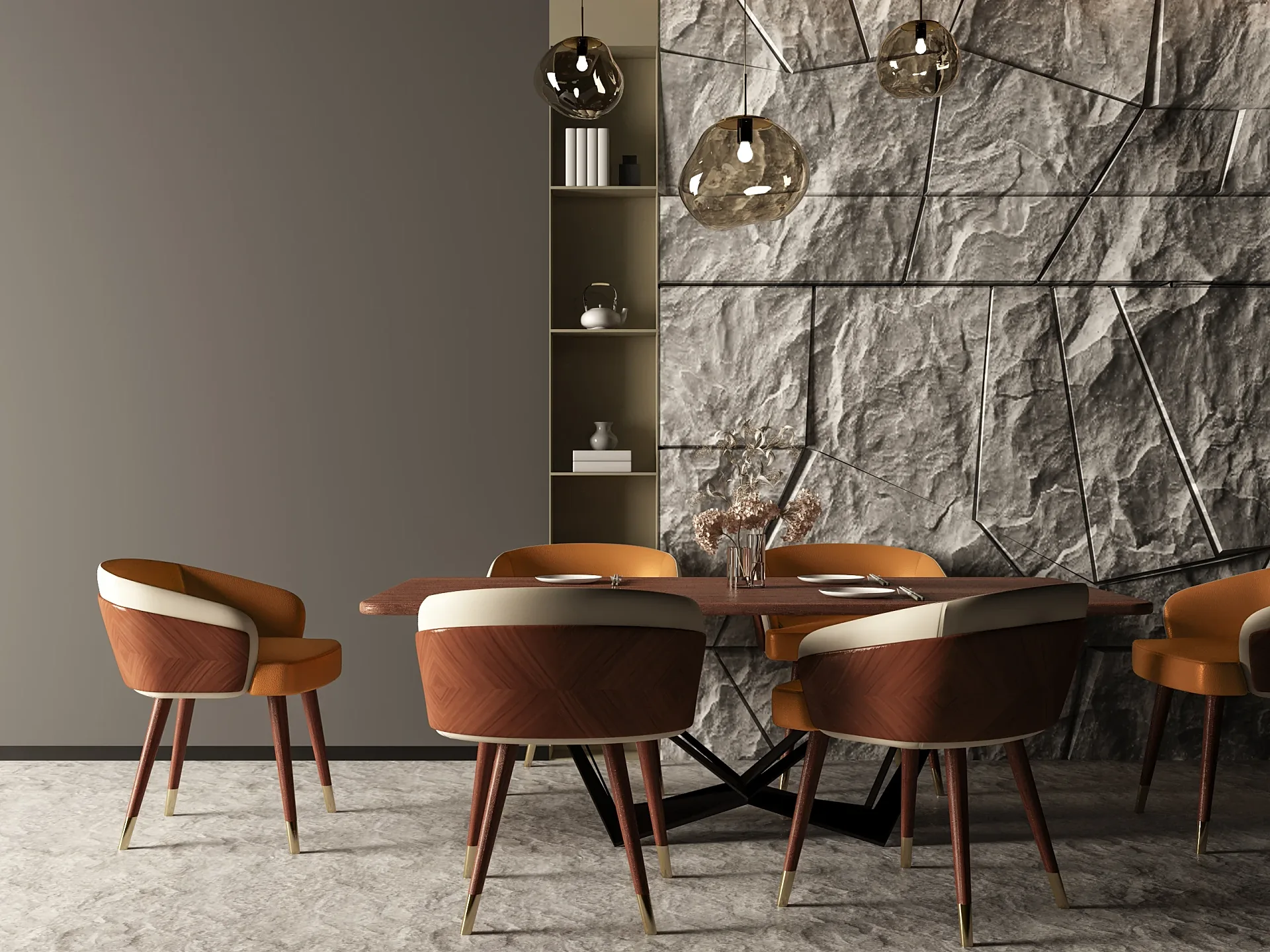 Product 3D render of a dining table and chairs against a stone wall